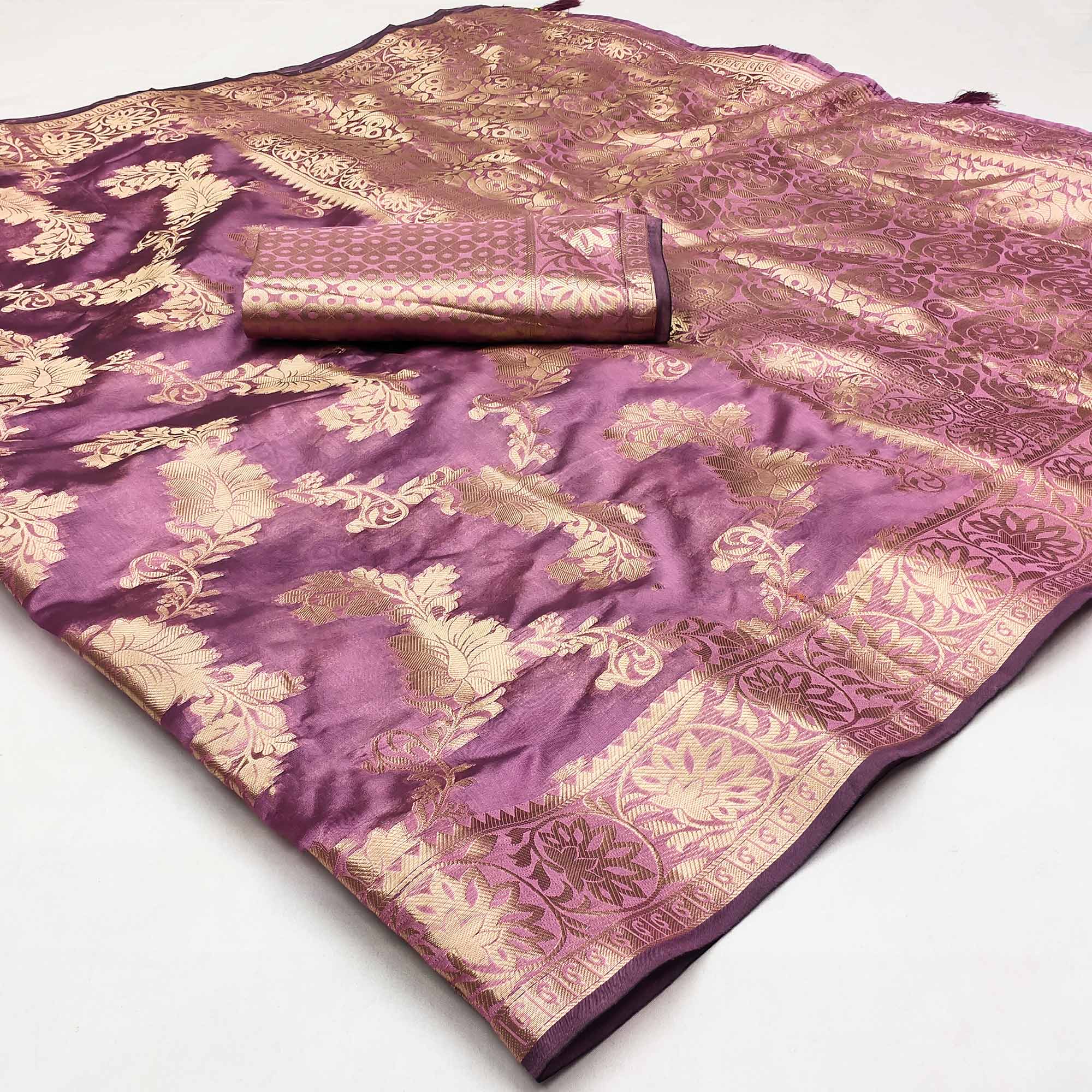 Purple Floral Woven Art Silk Saree With Tassels