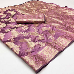 Purple Floral Woven Art Silk Saree With Tassels