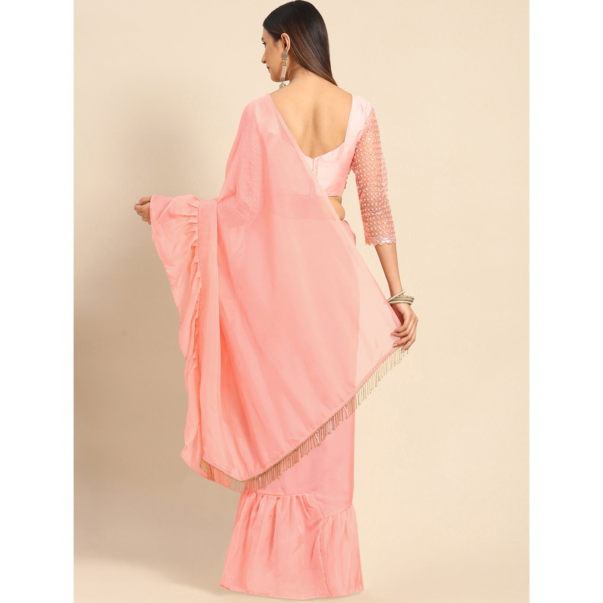 Peach Solid Organza Frill Saree