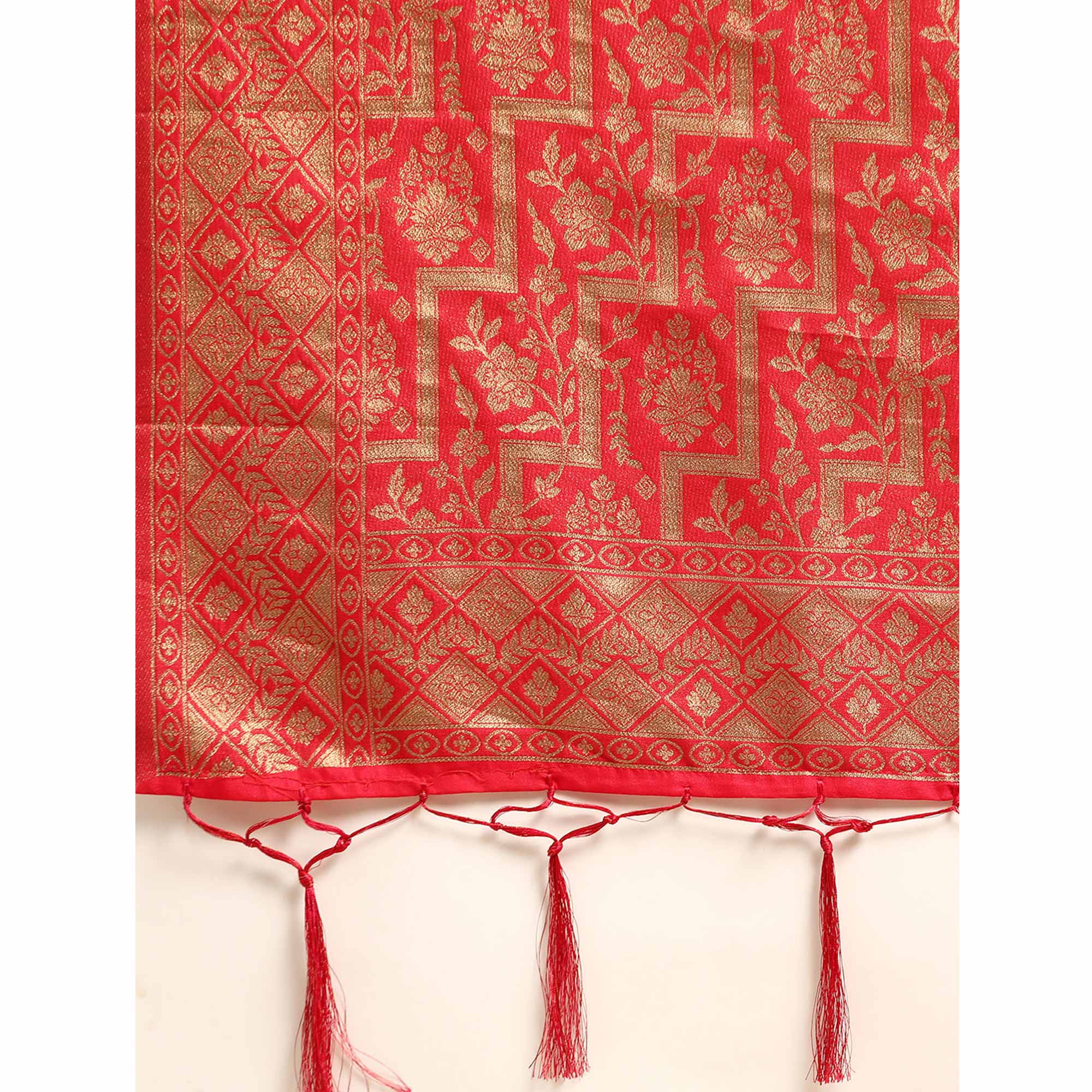 Rani Pink Floral Woven Organza Silk Saree With Tassels