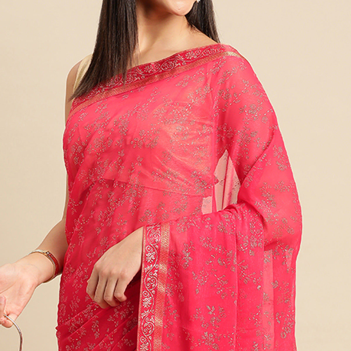 Pink Floral Foil Printed Shimmer Saree