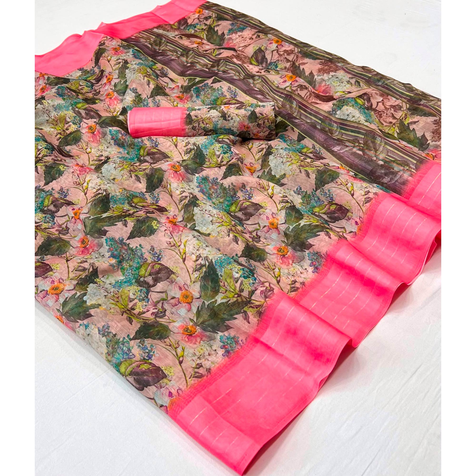 Light Pink Digital Printed Cotton Blend Saree