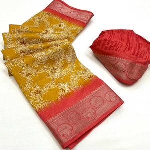 Mustard Floral Printed With Woven Border Dola Silk Saree