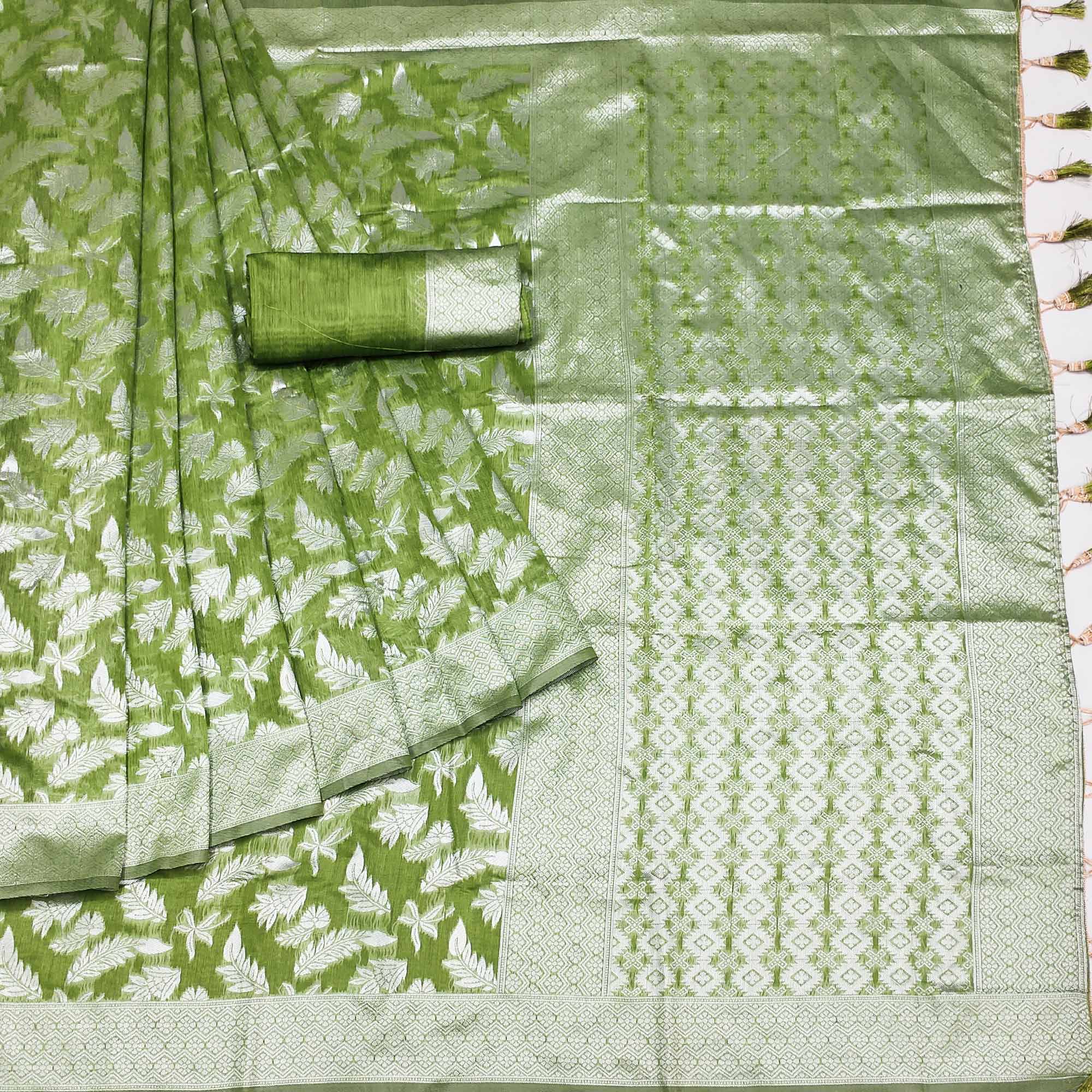 Green Woven Cotton Silk Saree With Tassels