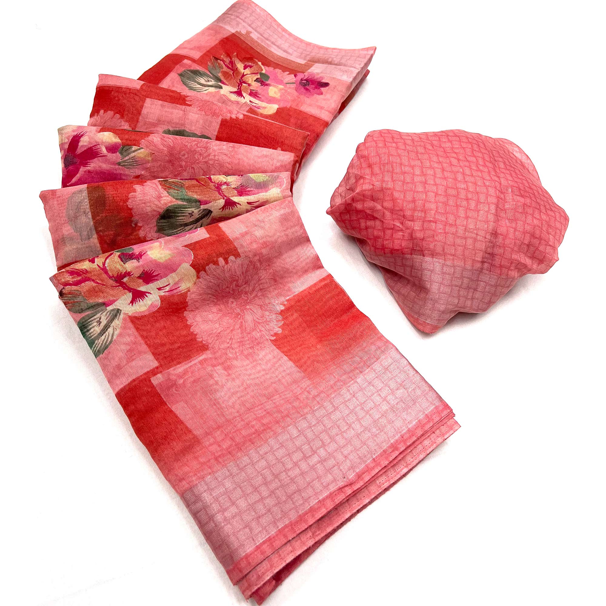 Pink Floral Printed Linen Saree