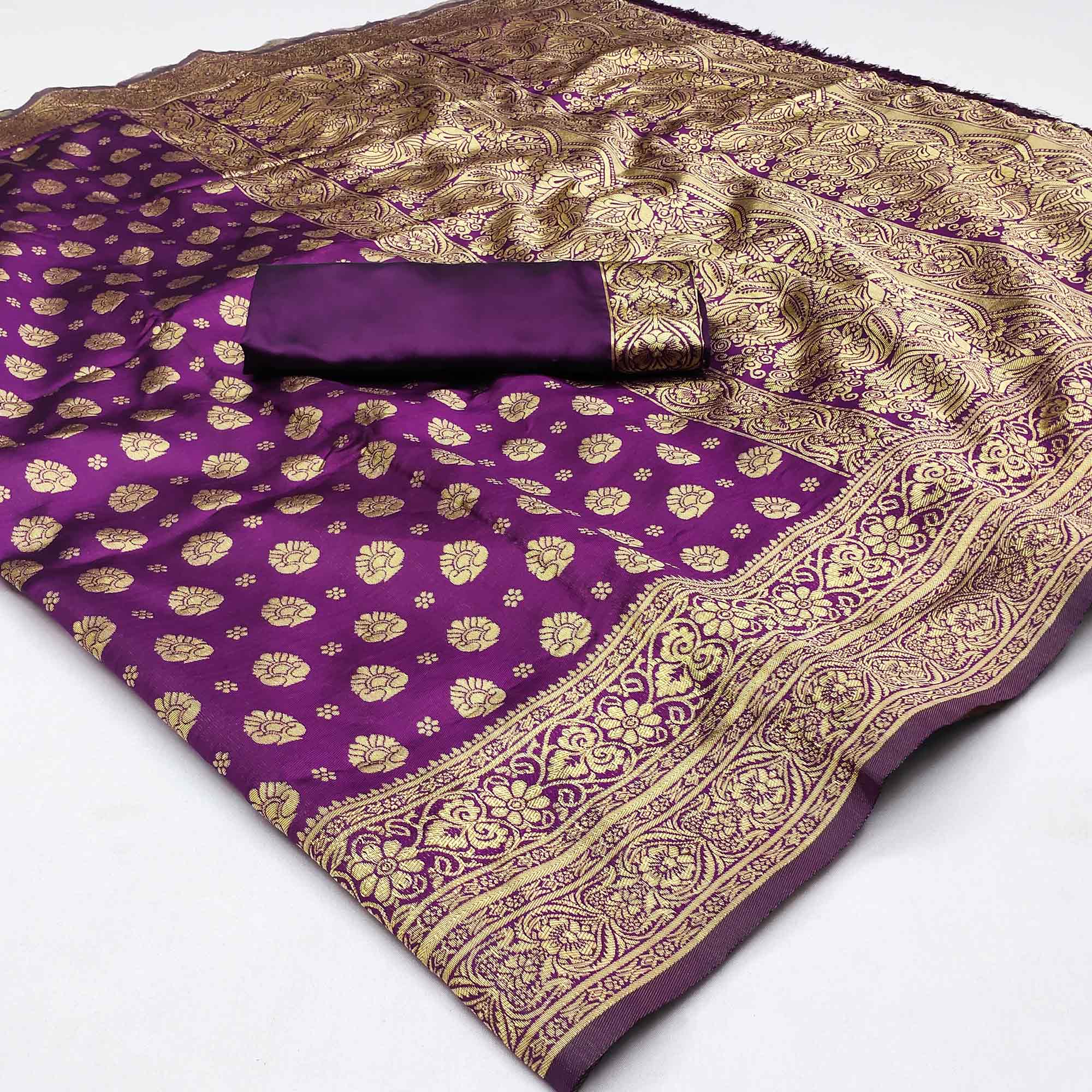 Purple Woven Jacquard Saree With Tassels
