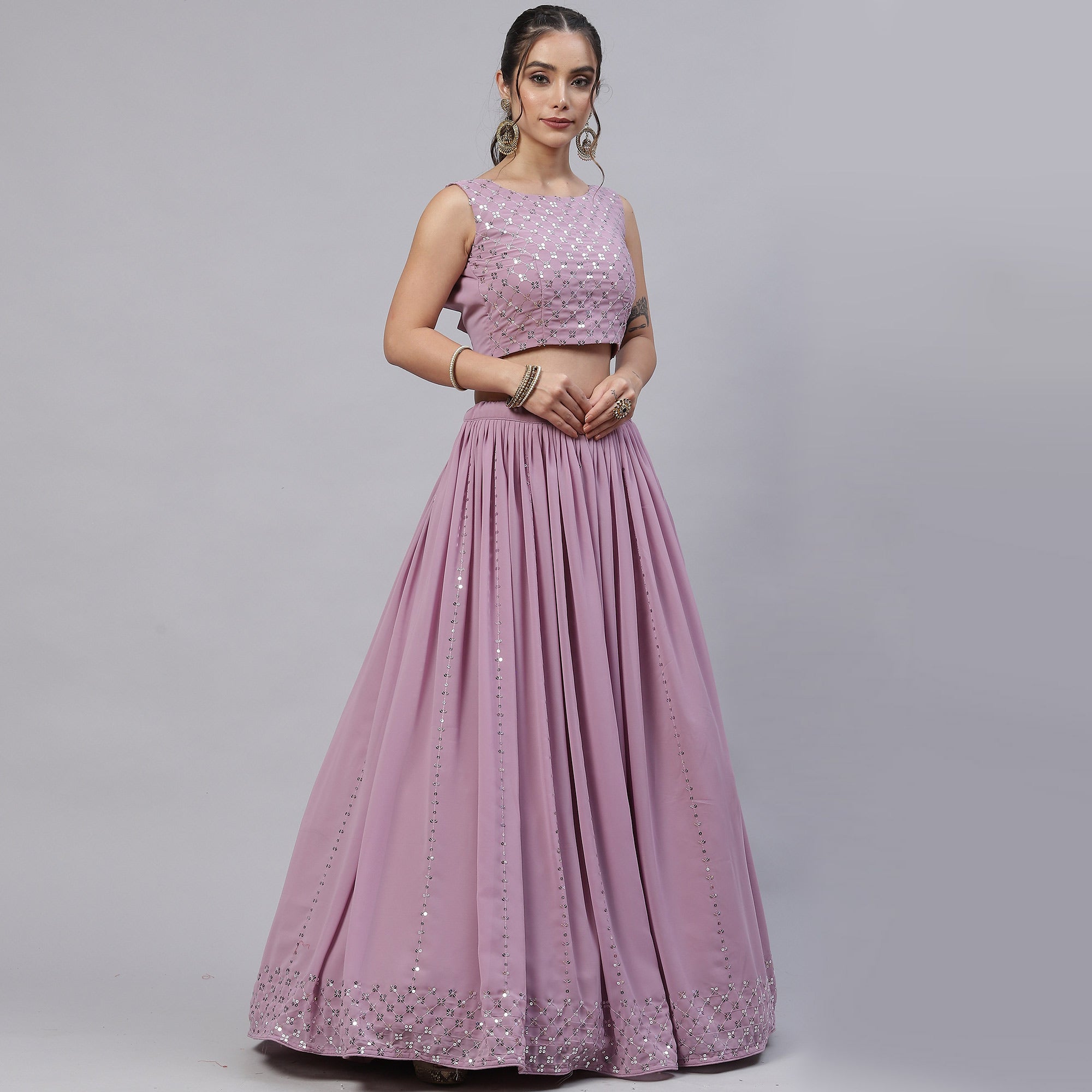 Mauve Sequins Embroidered Georgette Lehenga Choli