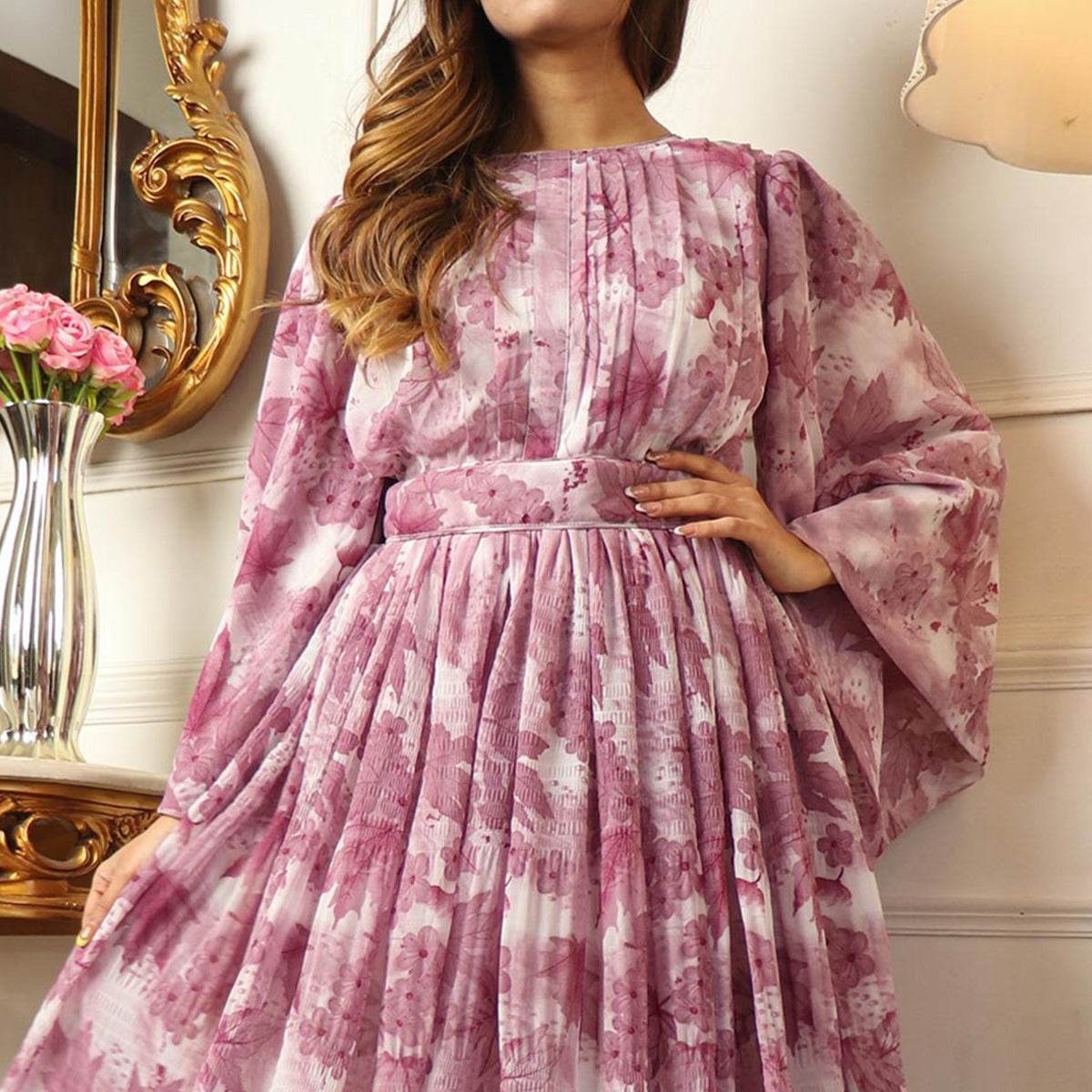 Mauve Floral Printed Georgette Gown