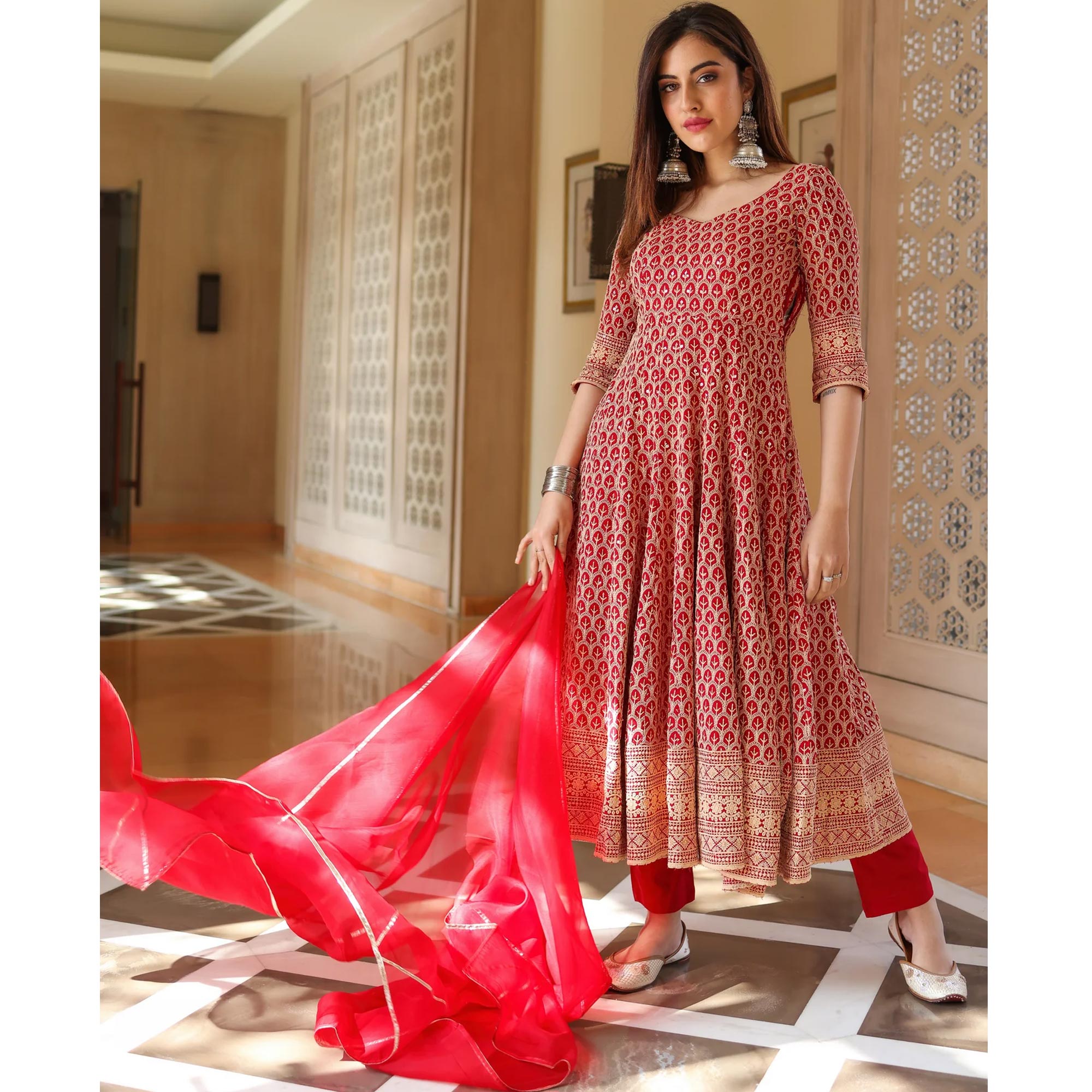 Red Embroidered Rayon Gown