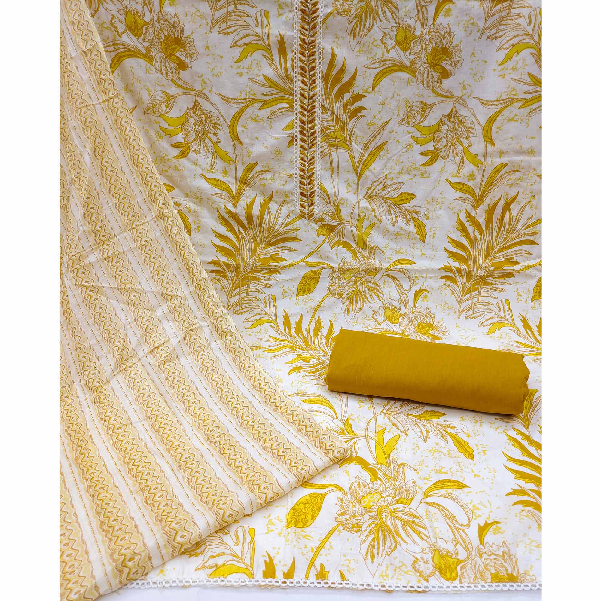 White & Yellow Floral Printed Pure Cotton Dress Material