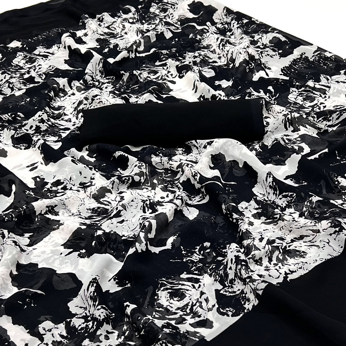 Black And White Floral Printed Georgette Saree