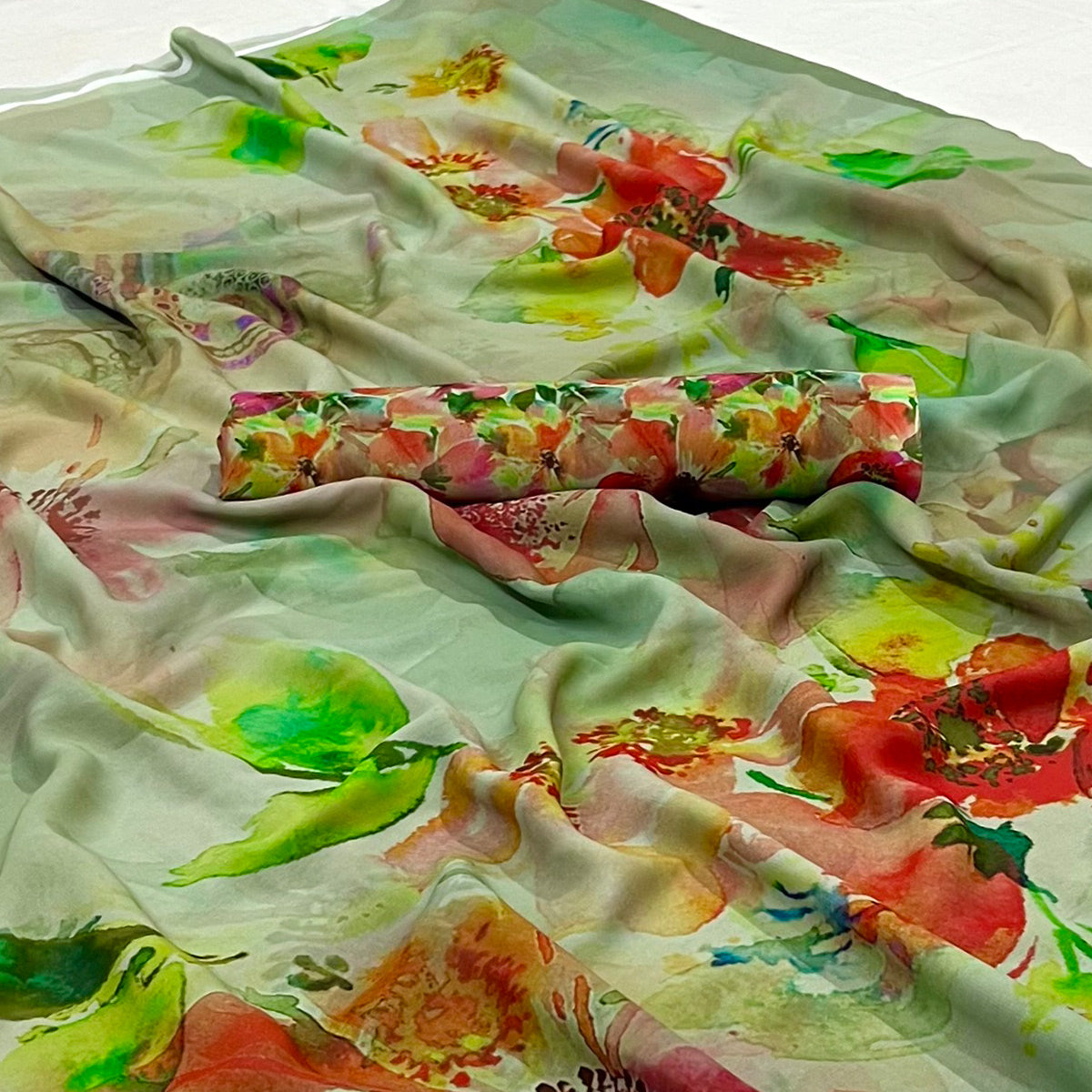 Green Floral Digital Printed Georgette Saree