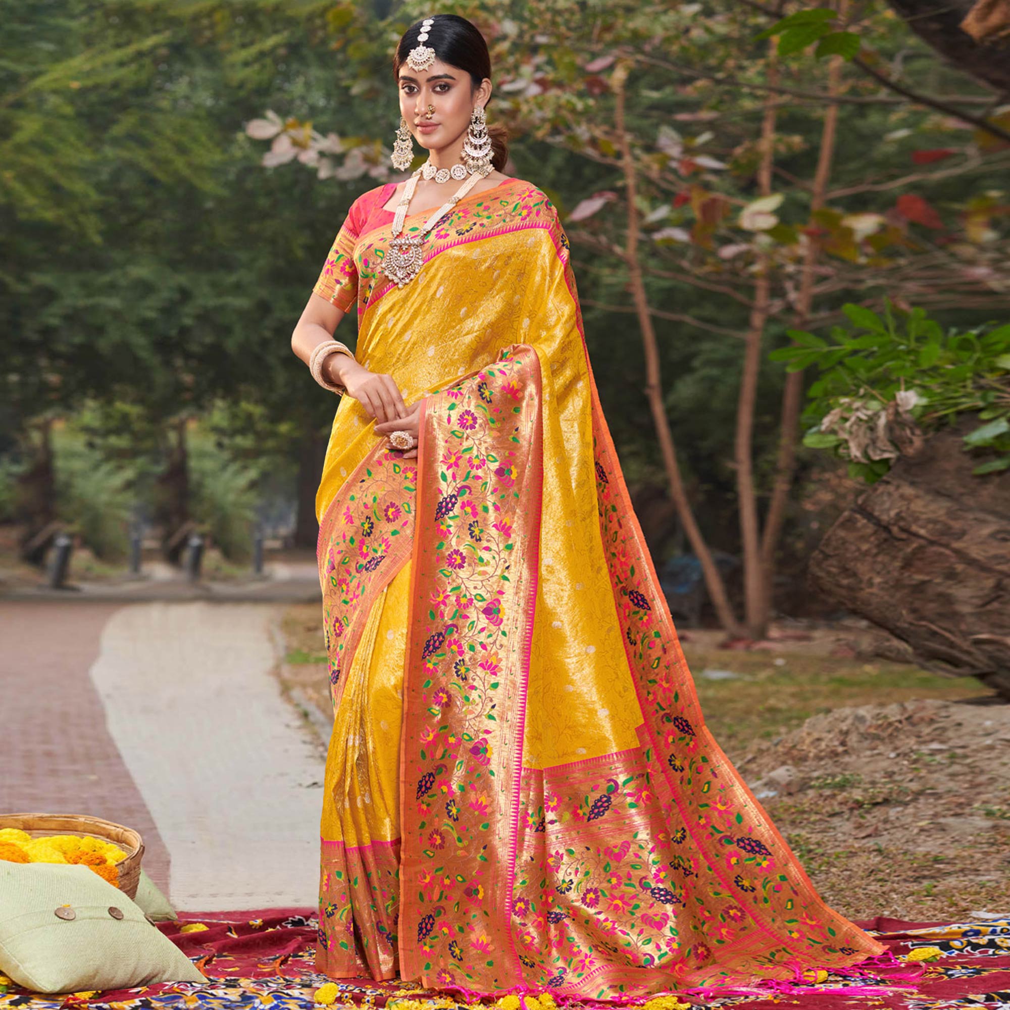 Yellow Woven Art Silk Paithani Saree With Tassels