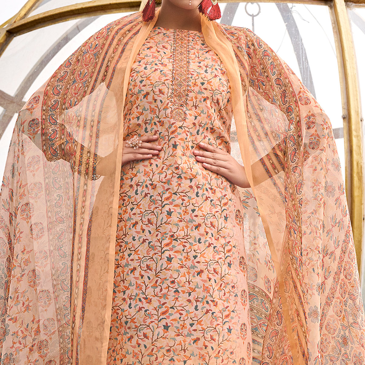 Peach Printed With Embroidered Pure Cotton Salwar Suit