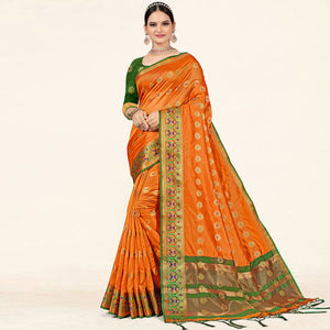 Orange Woven Organza Saree With Tassels
