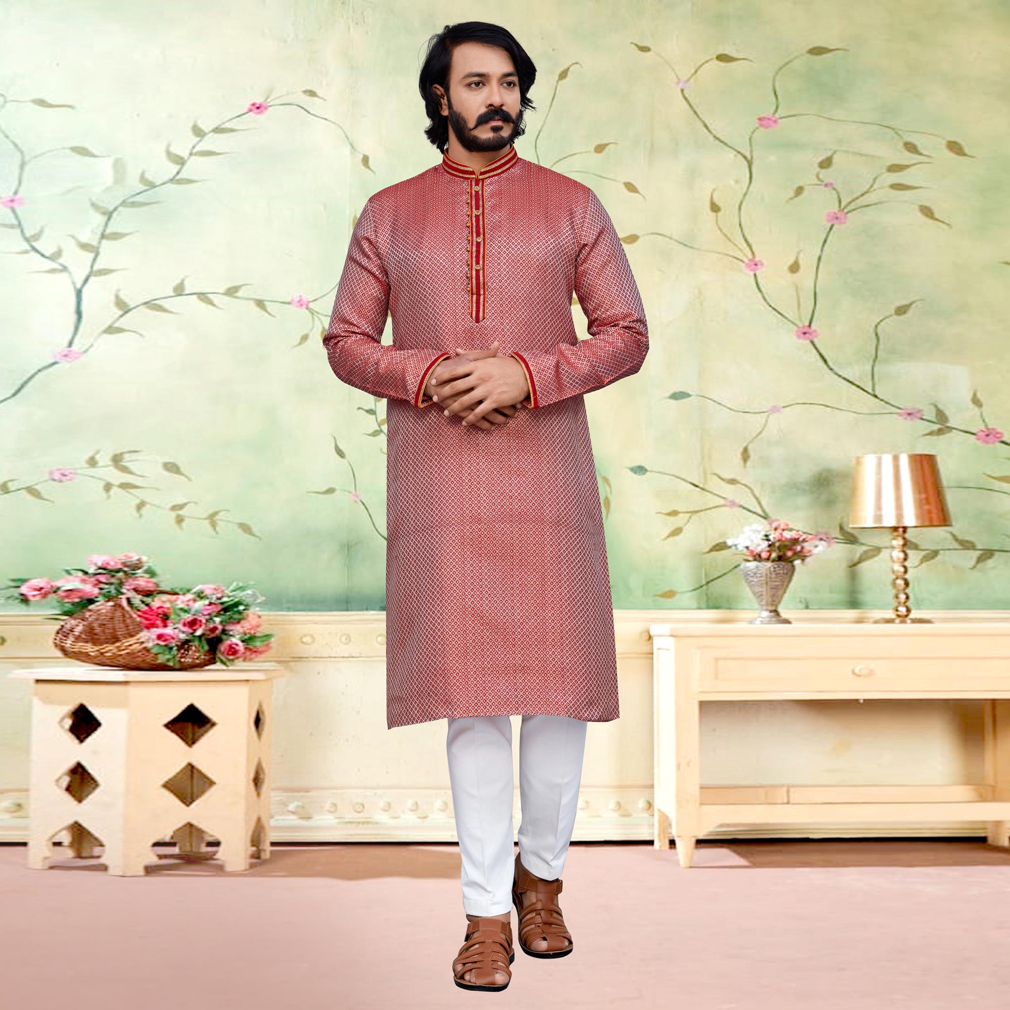 Red Woven Jacquard Kurta Pyjama Set