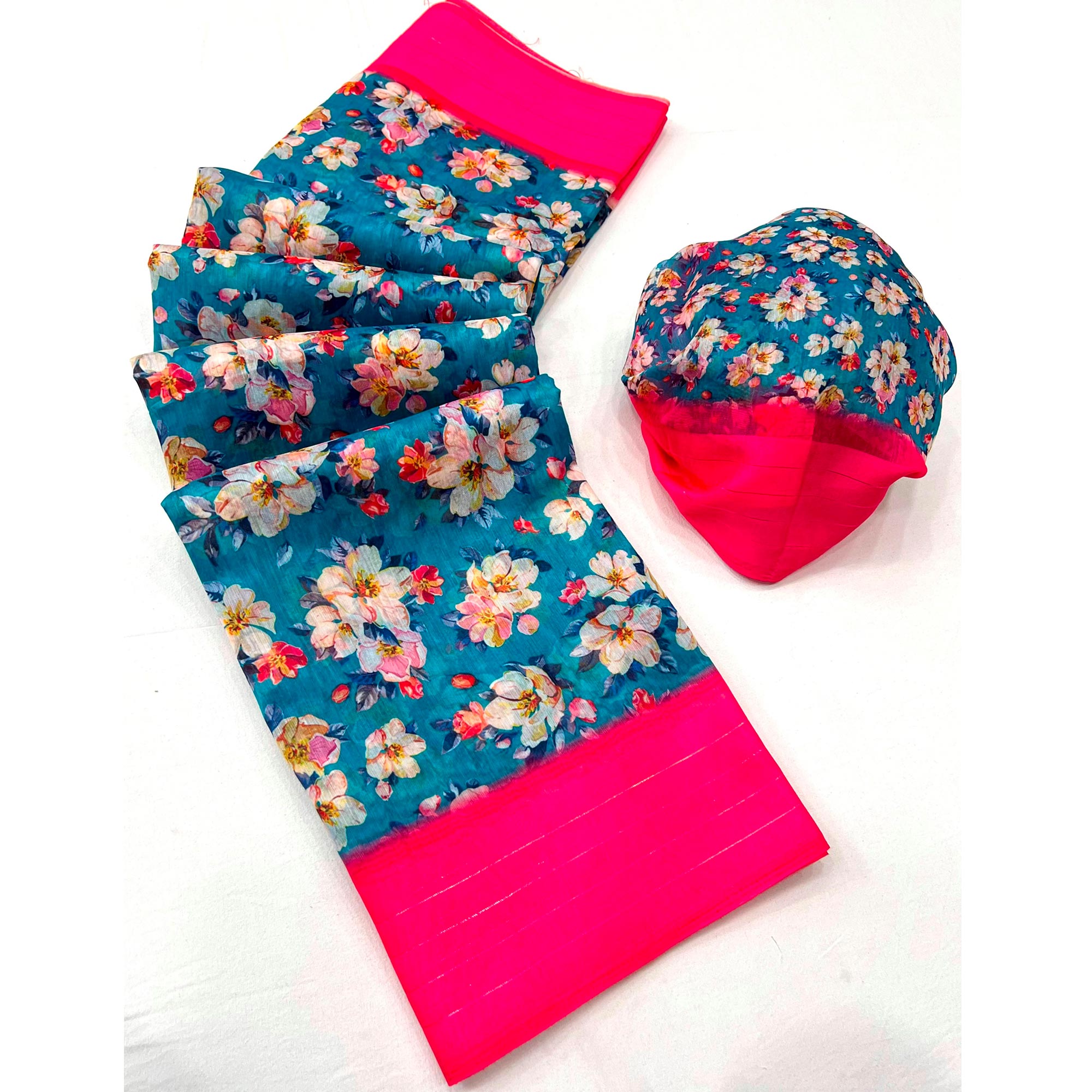 Blue Digital Printed Cotton Blend Saree