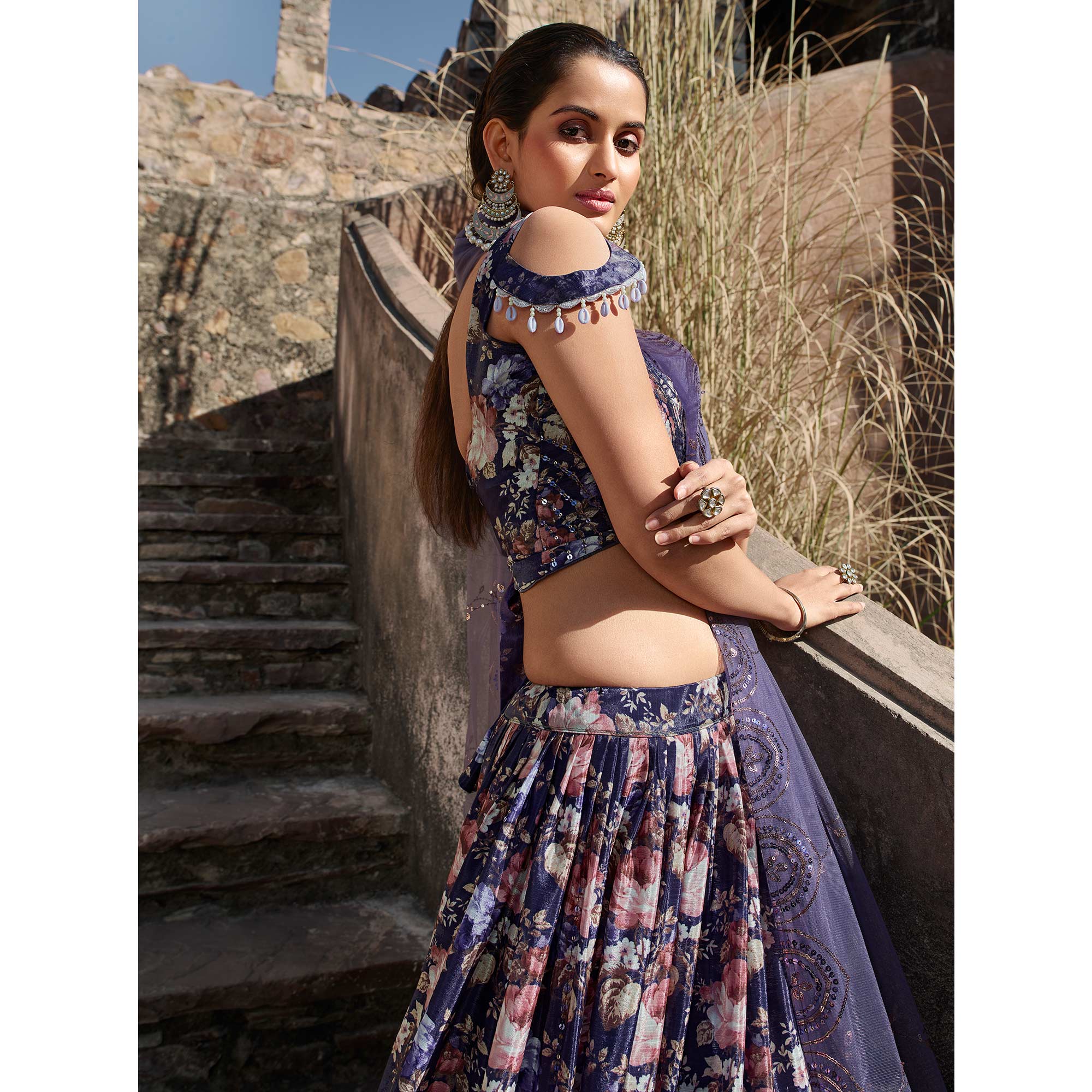 Purple Printed With Sequins Embroidered Georgette Lehenga Choli