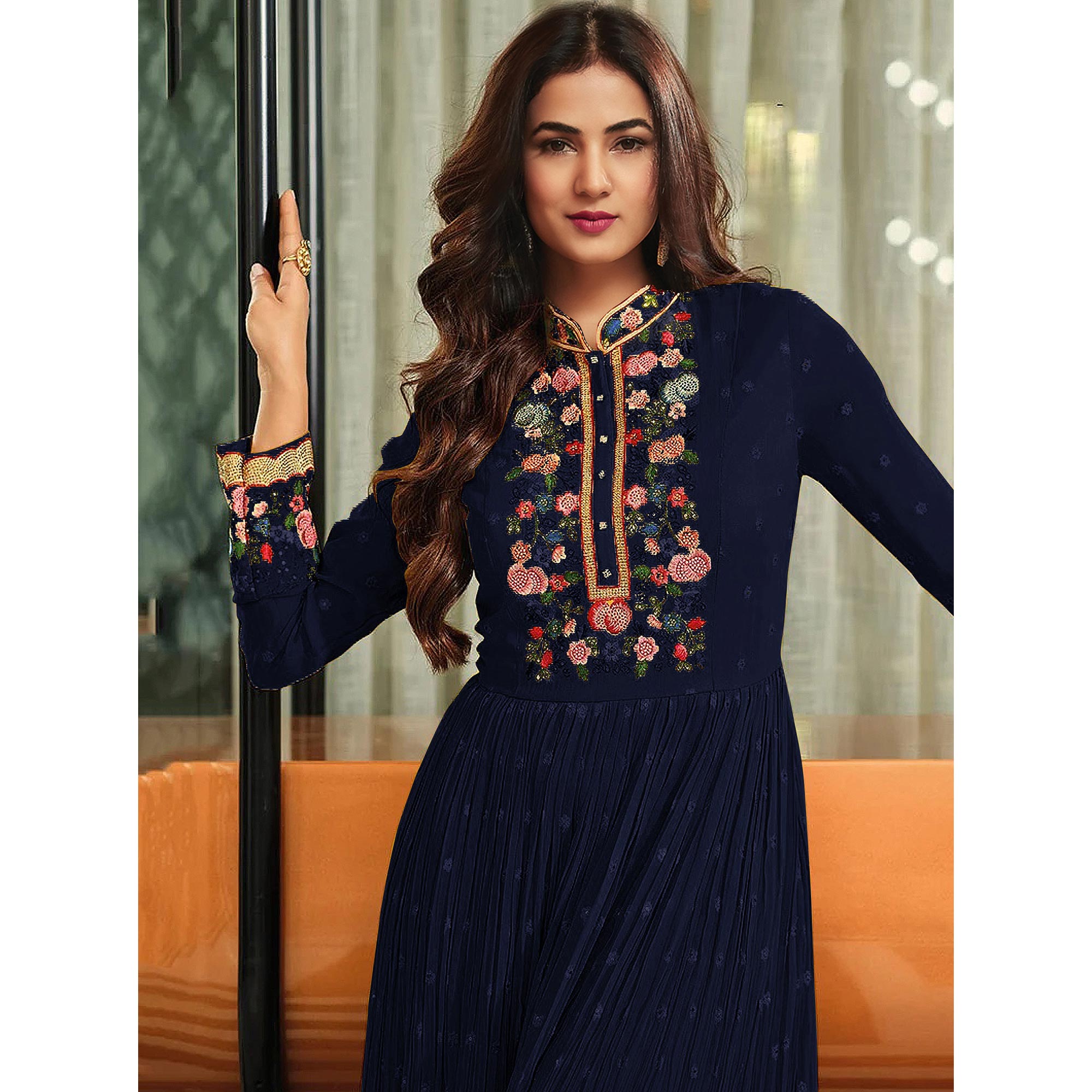 Navy Blue Embroidered Georgette Gown