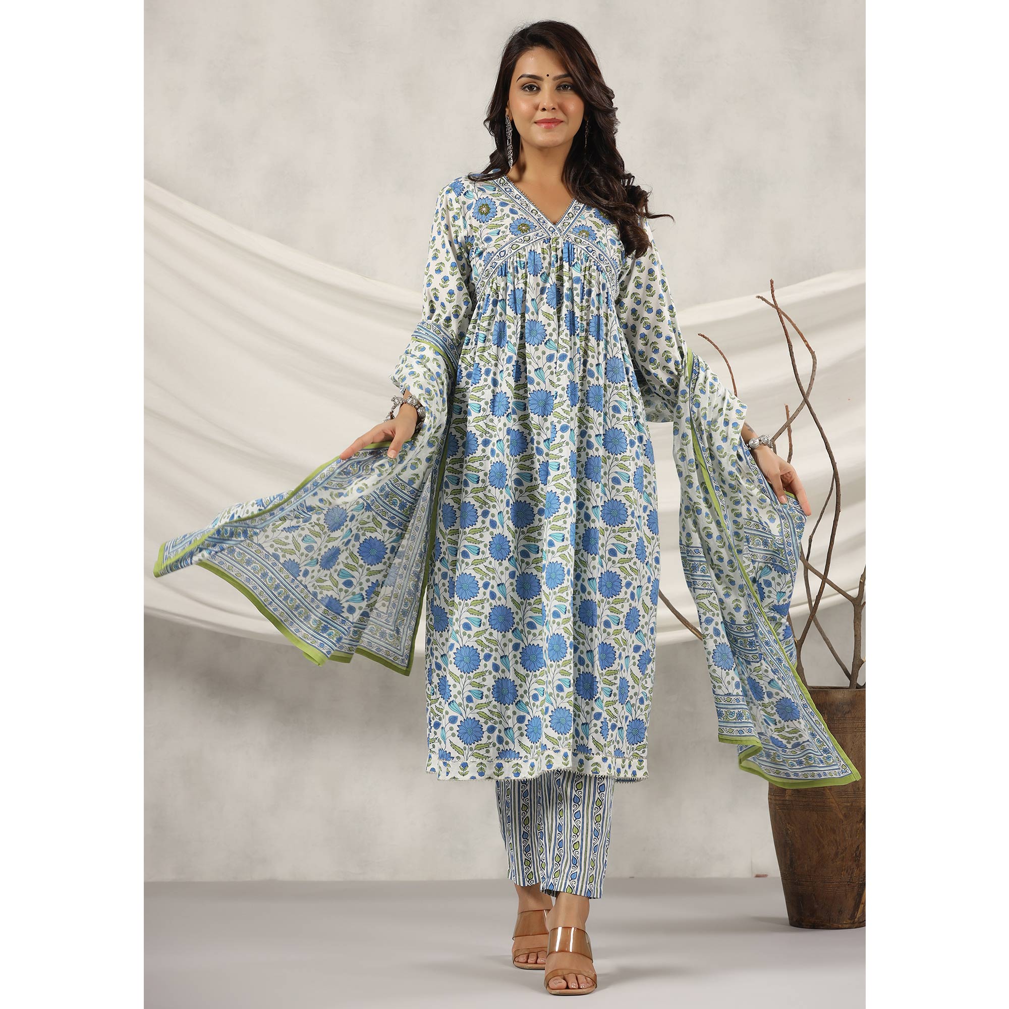 Blue Jaipuri Printed Pure Cotton Anarkali Suit