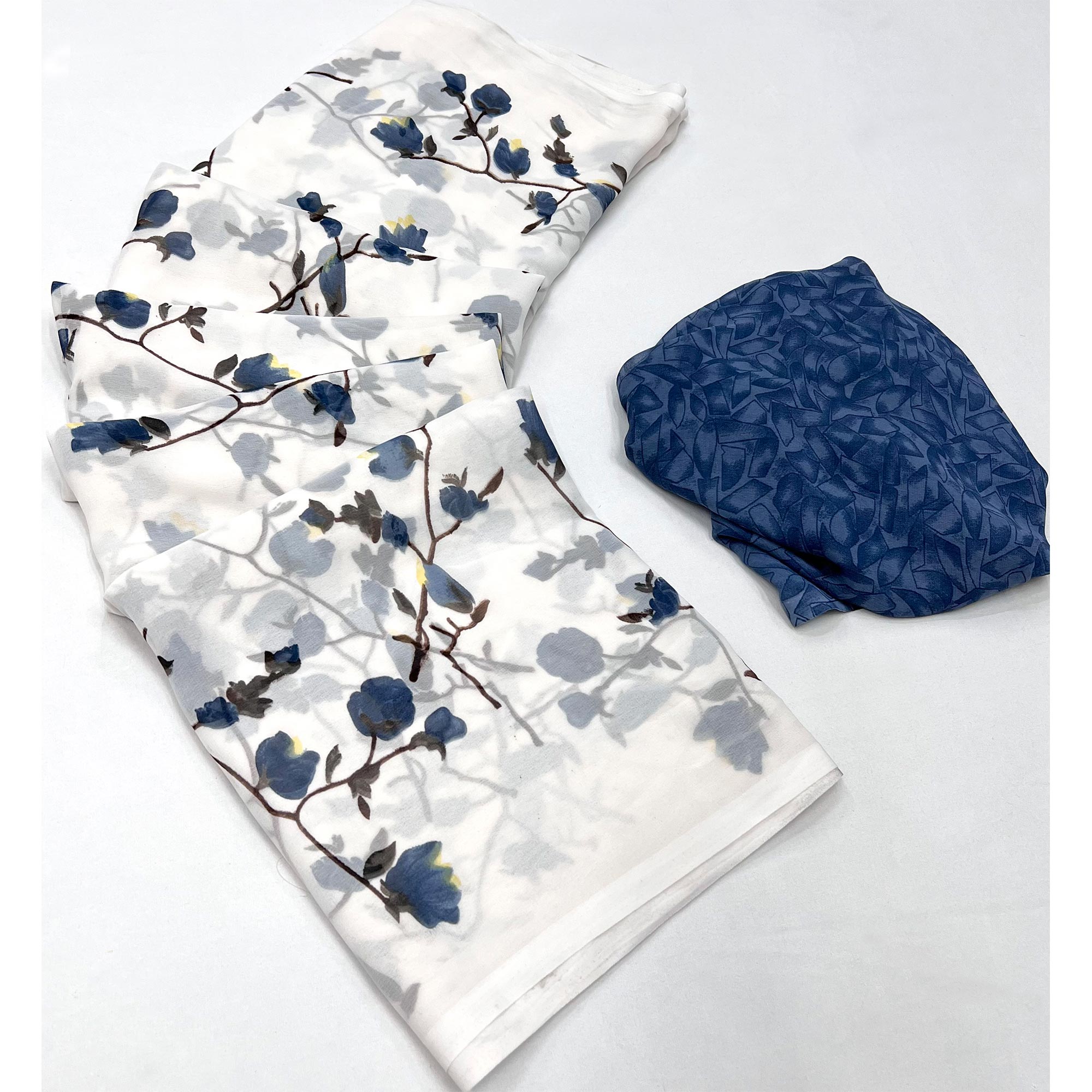 White Navy Blue Floral Printed Georgette Saree