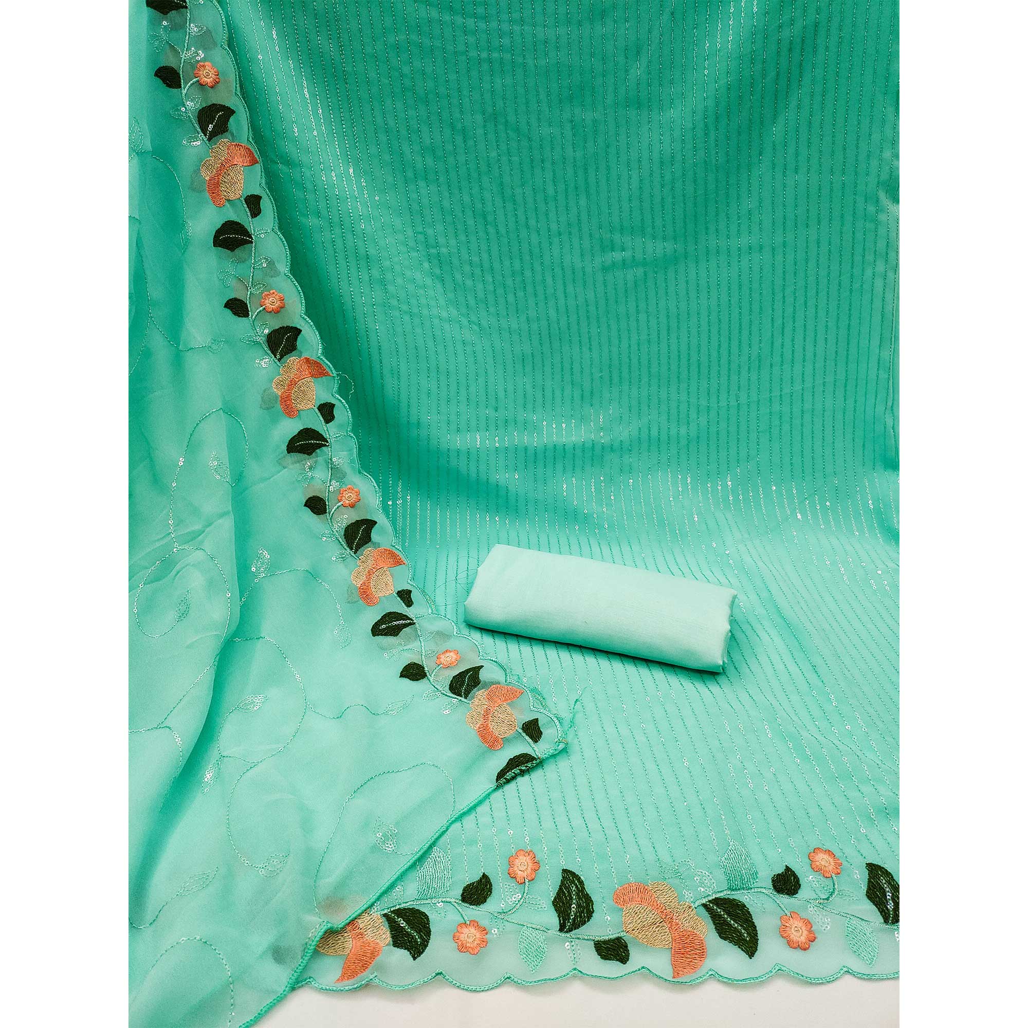Turquoise Sequins Embroidered Georgette Dress Material