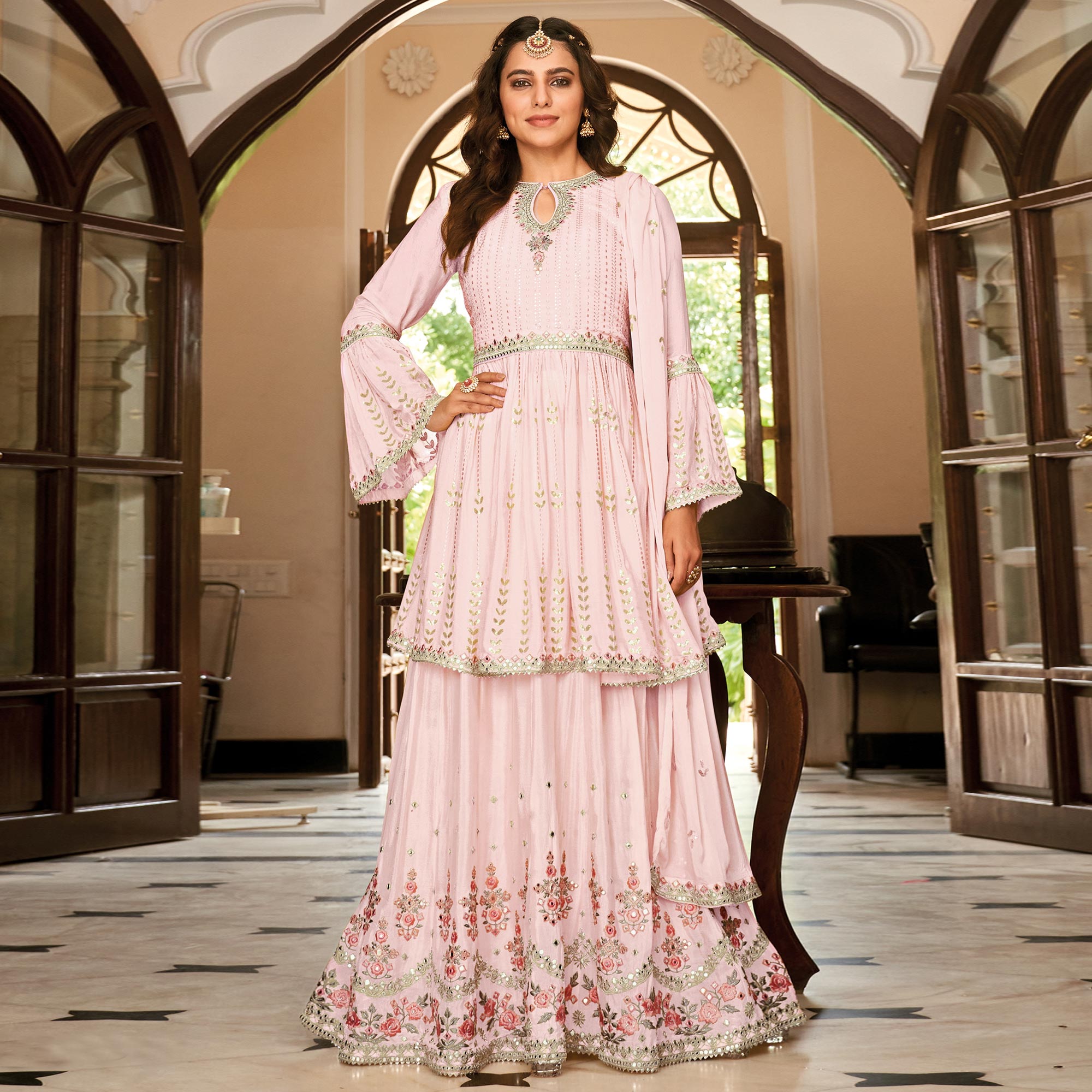Pink Floral Sequins Embroidered Chiffon Semi Stitched Sharara Suit