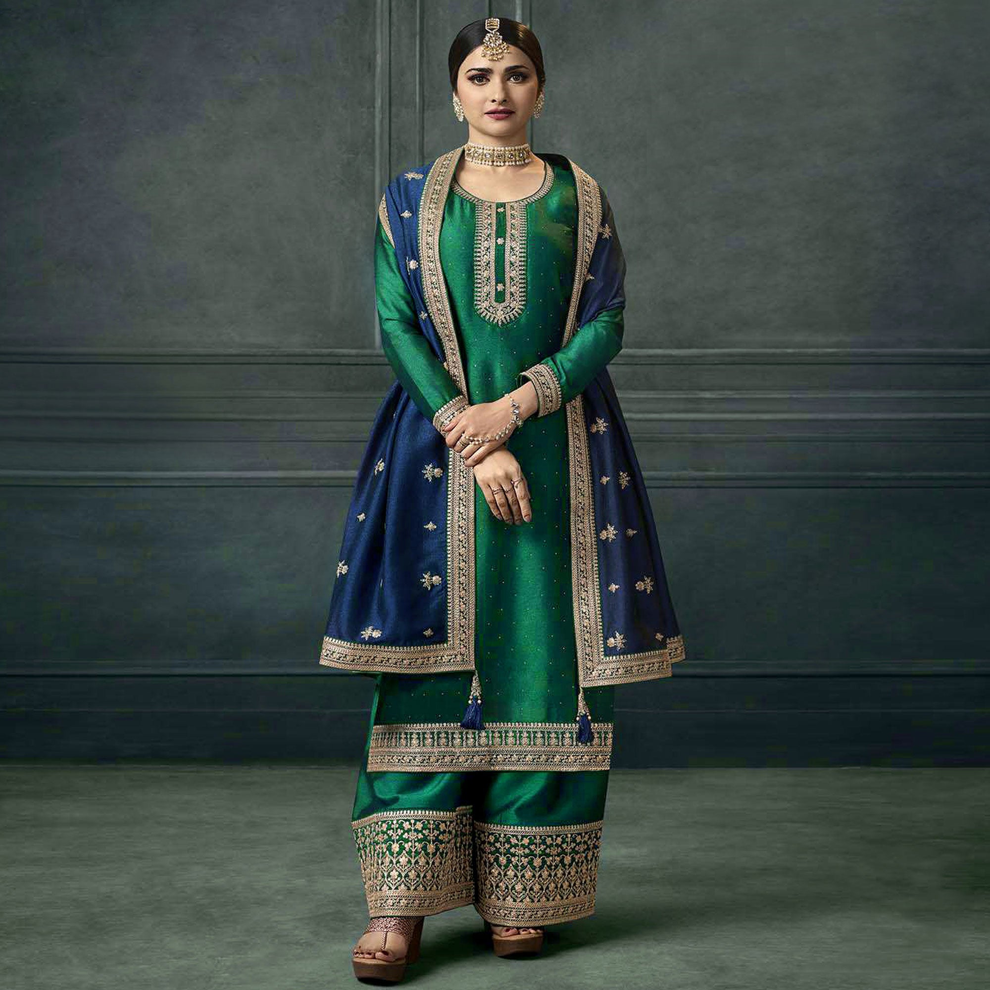 Green Embroidered Georgette Semi Stitched Palazzo Suit