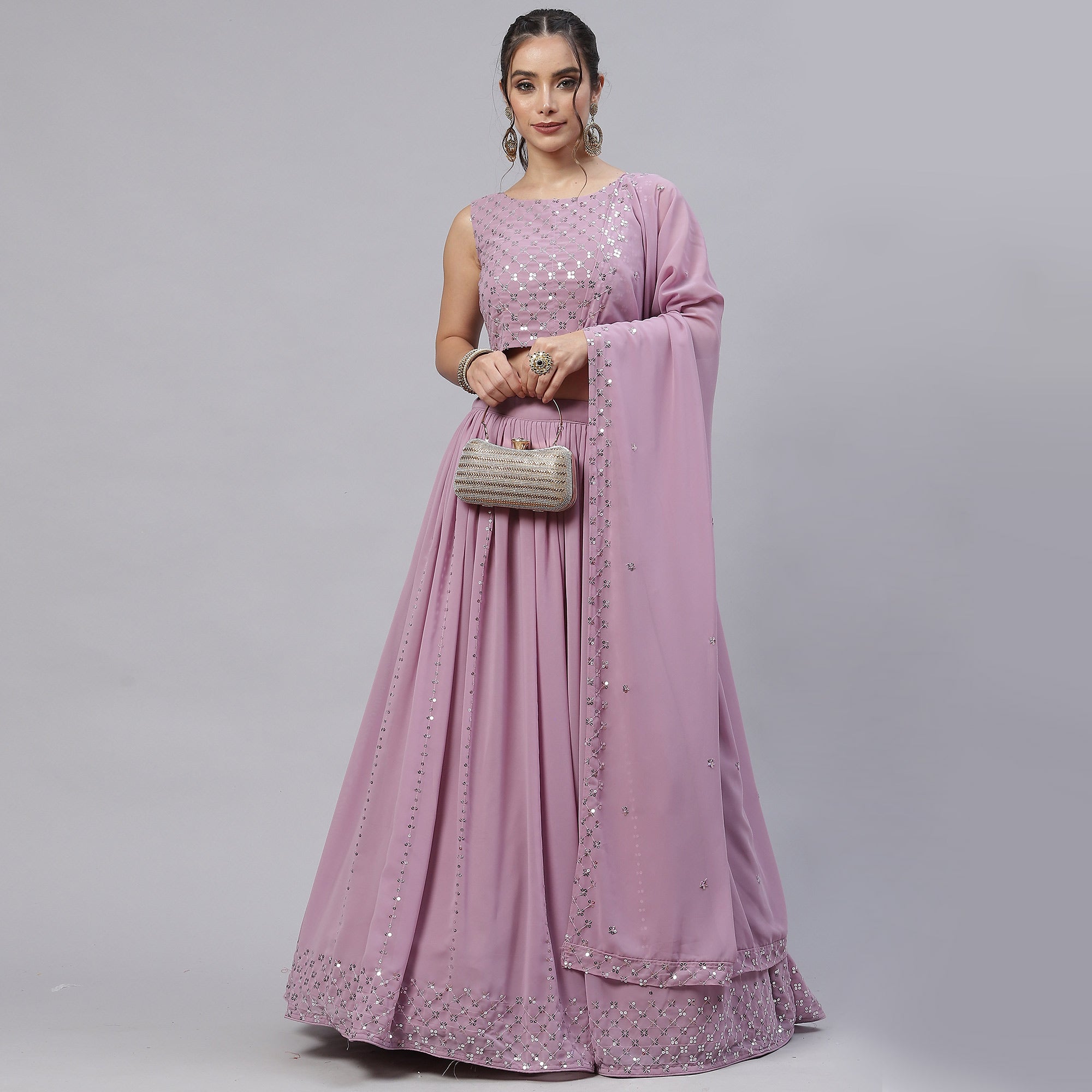 Mauve Sequins Embroidered Georgette Lehenga Choli