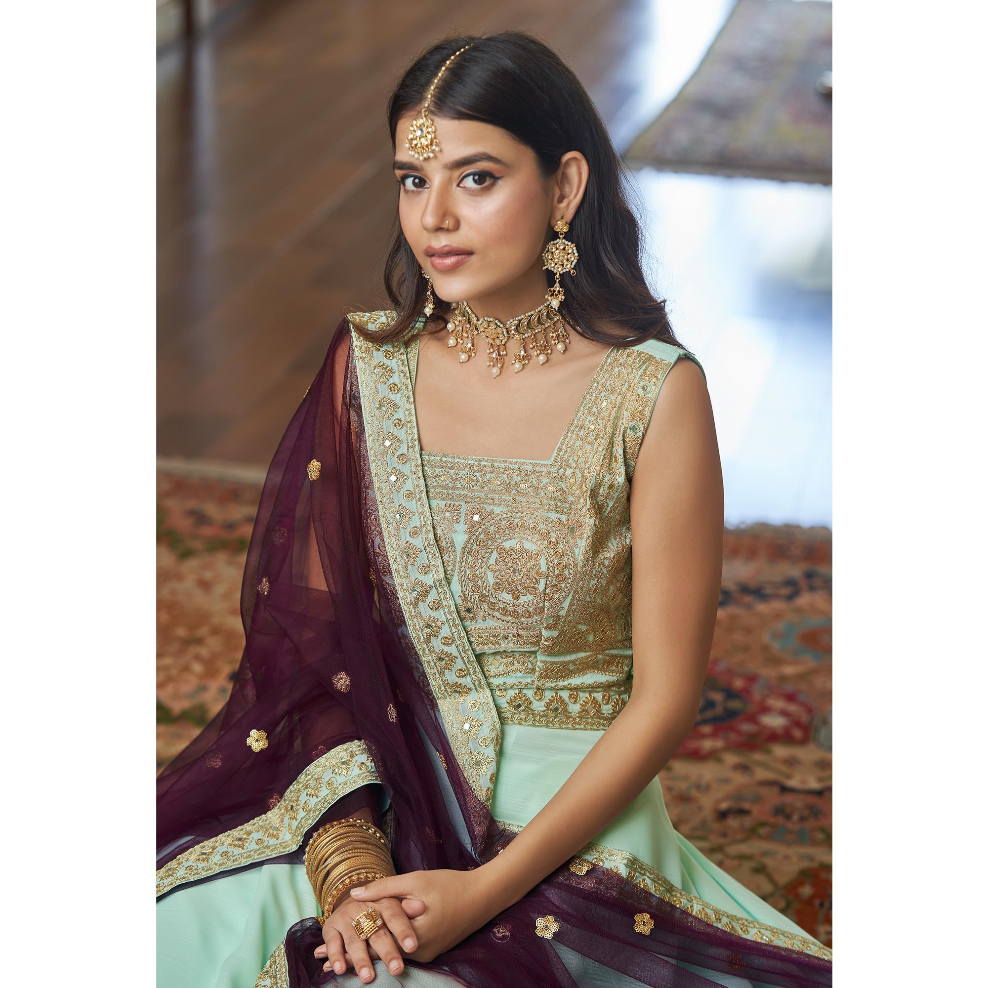 Light Aqua Green Embroidered Art Silk Lehenga Choli