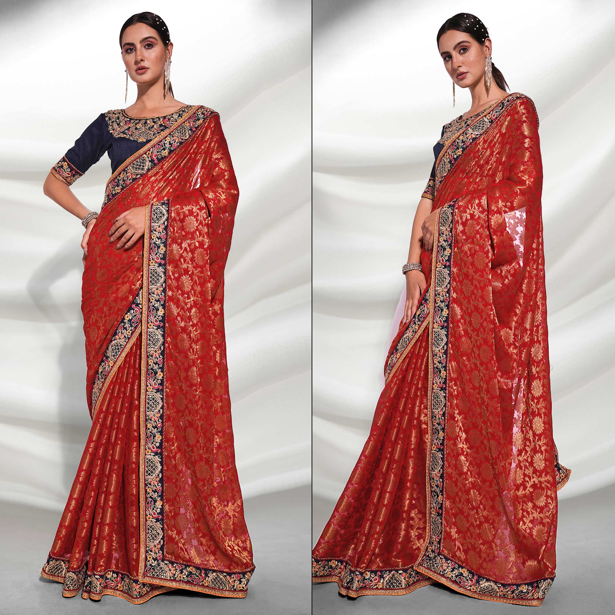 Red Woven With Embroidered Border Viscose Saree