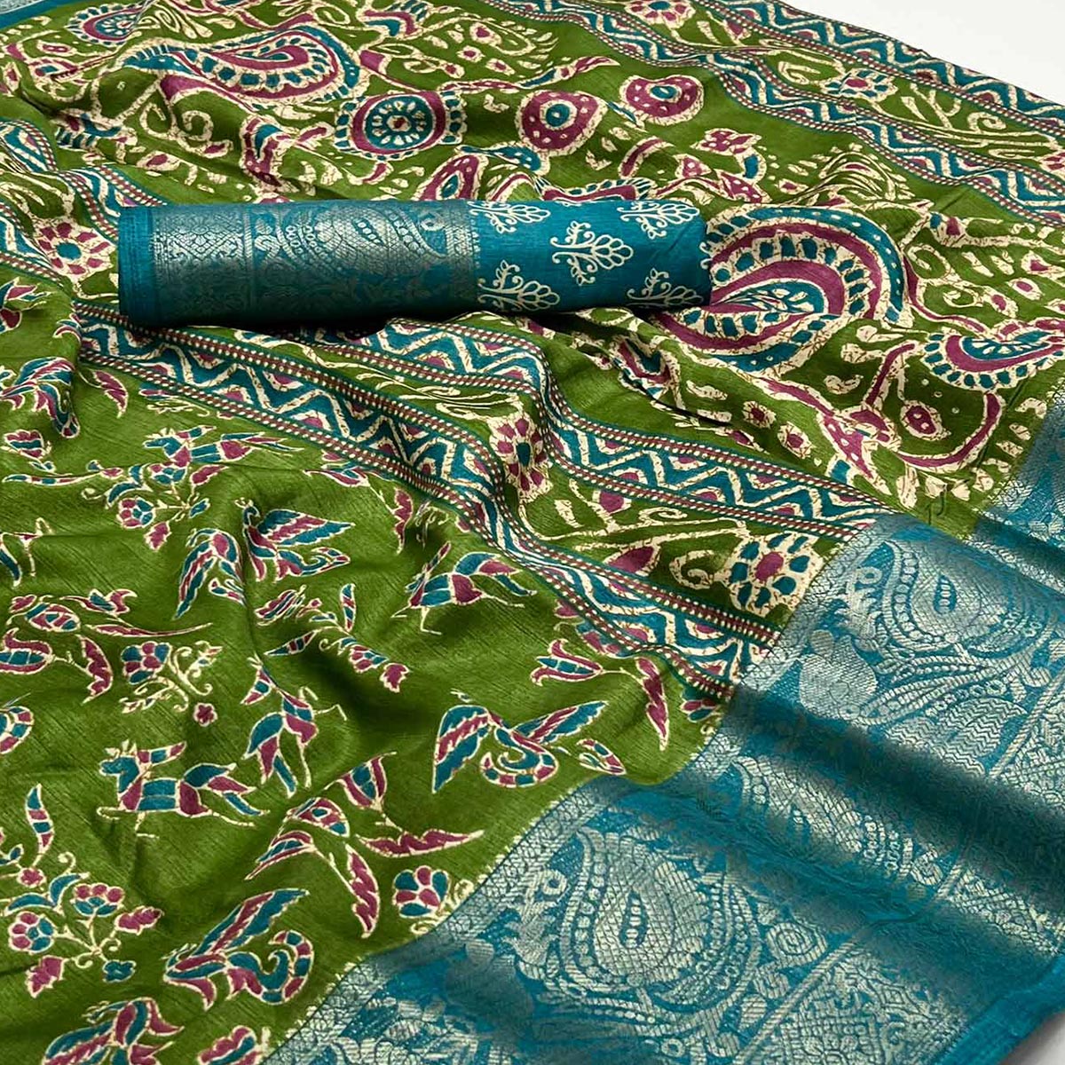 Green Blue Printed With Woven Border Dola Silk Saree