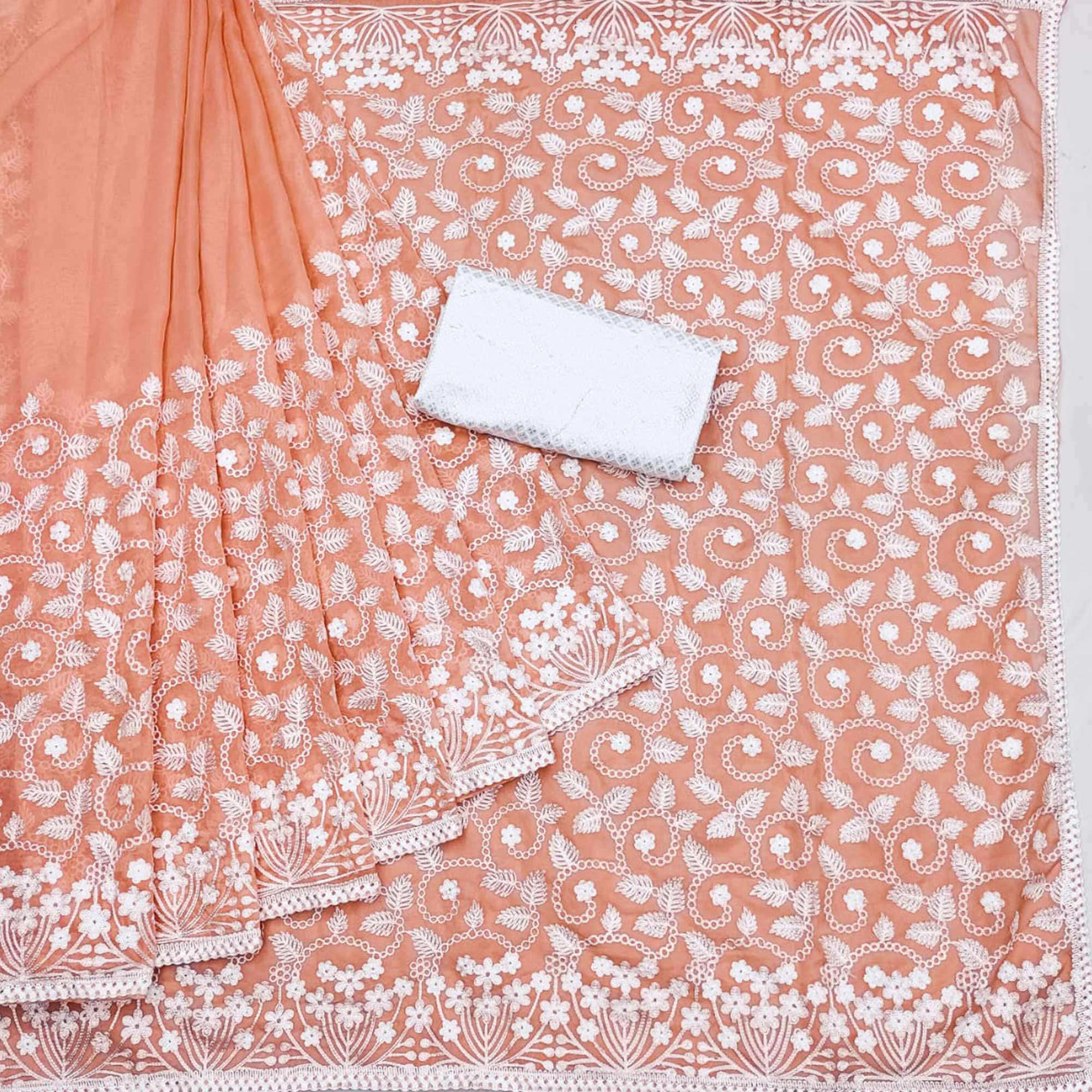 Peach Lucknowi Embroidered Organza Saree