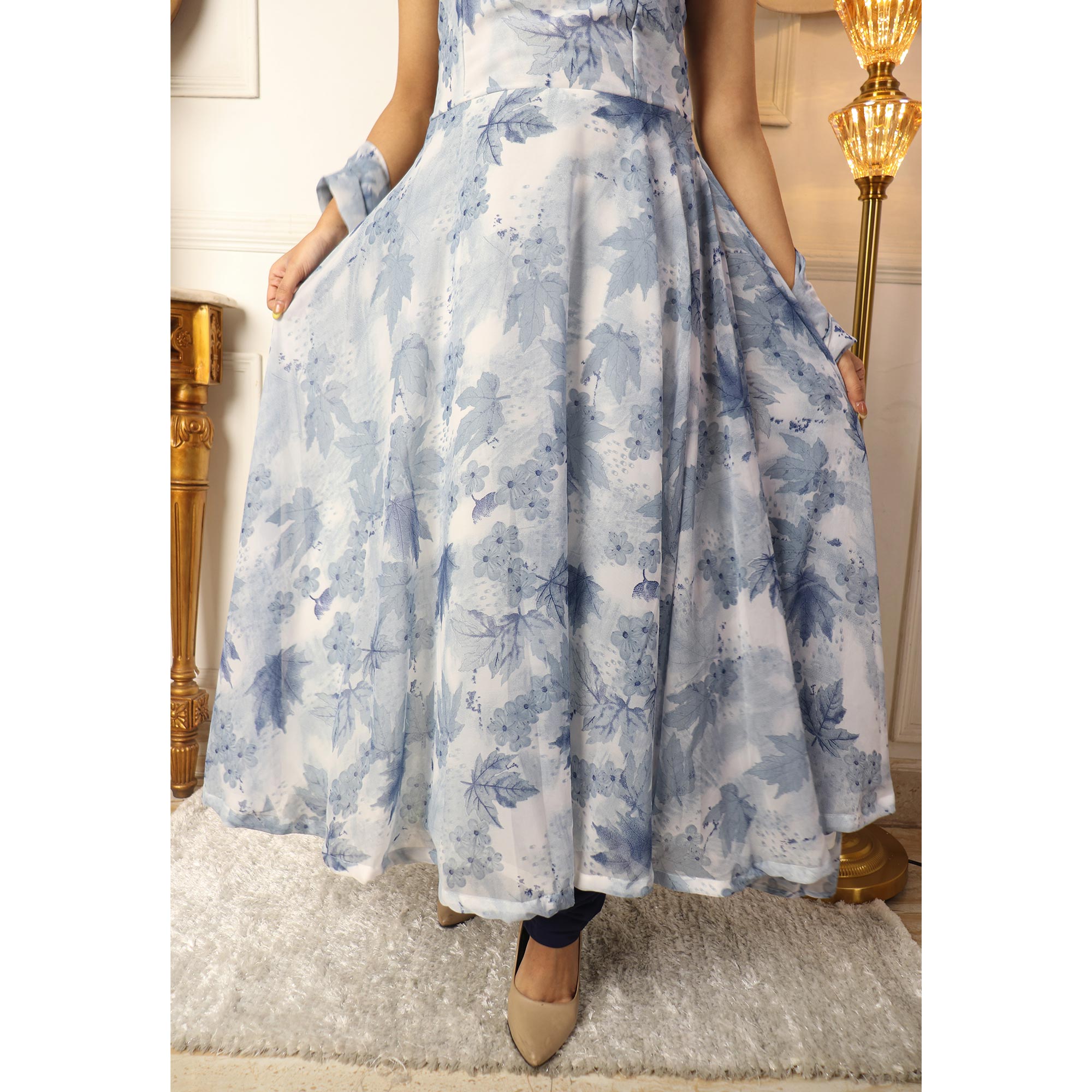 Blue Floral Printed Georgette Anarkali Suit