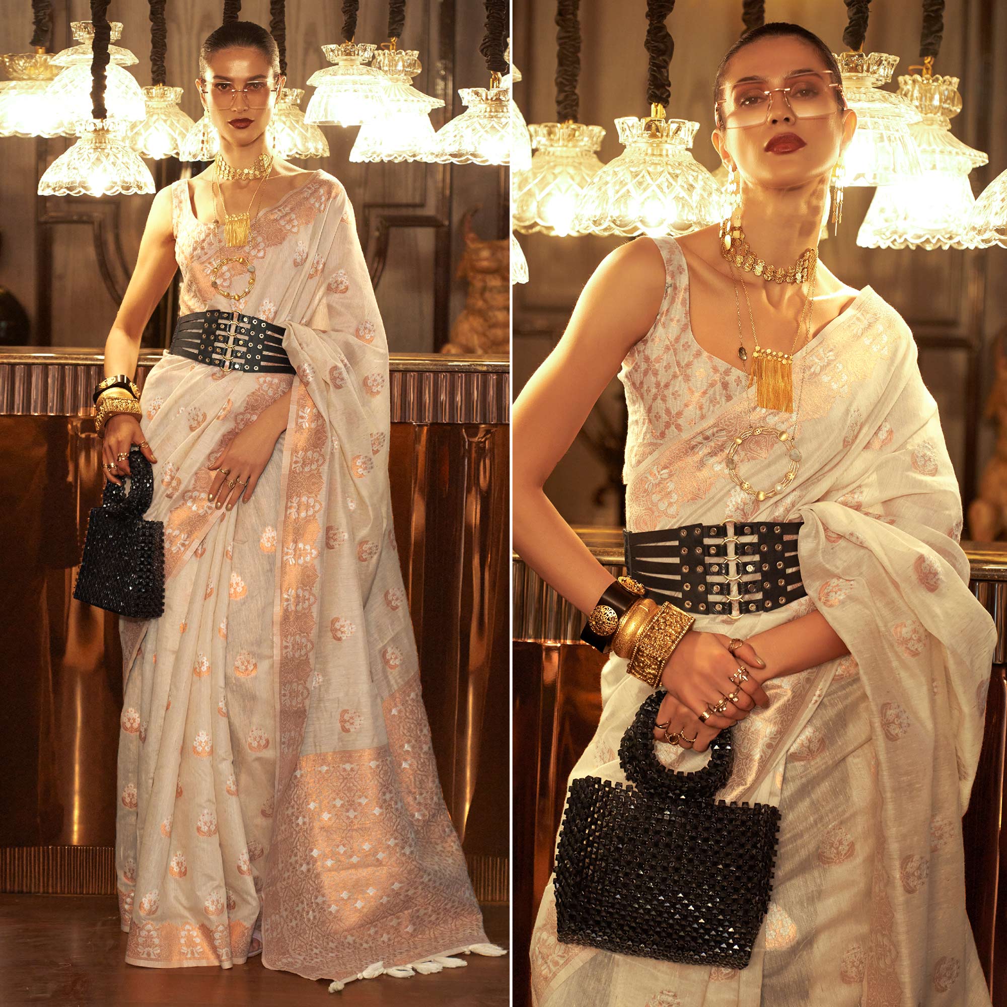 Beige Woven Linen Saree With Tassels