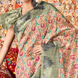 Beige Digital Printed Raw Silk Saree With Tassels