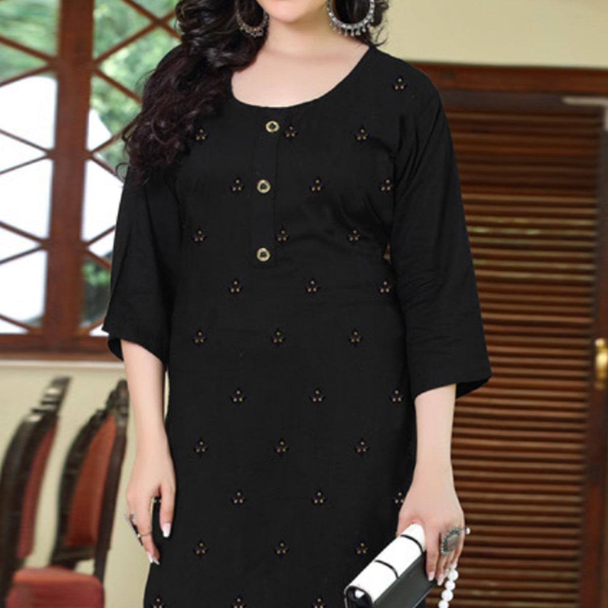 Black Embroidered Rayon Kurti