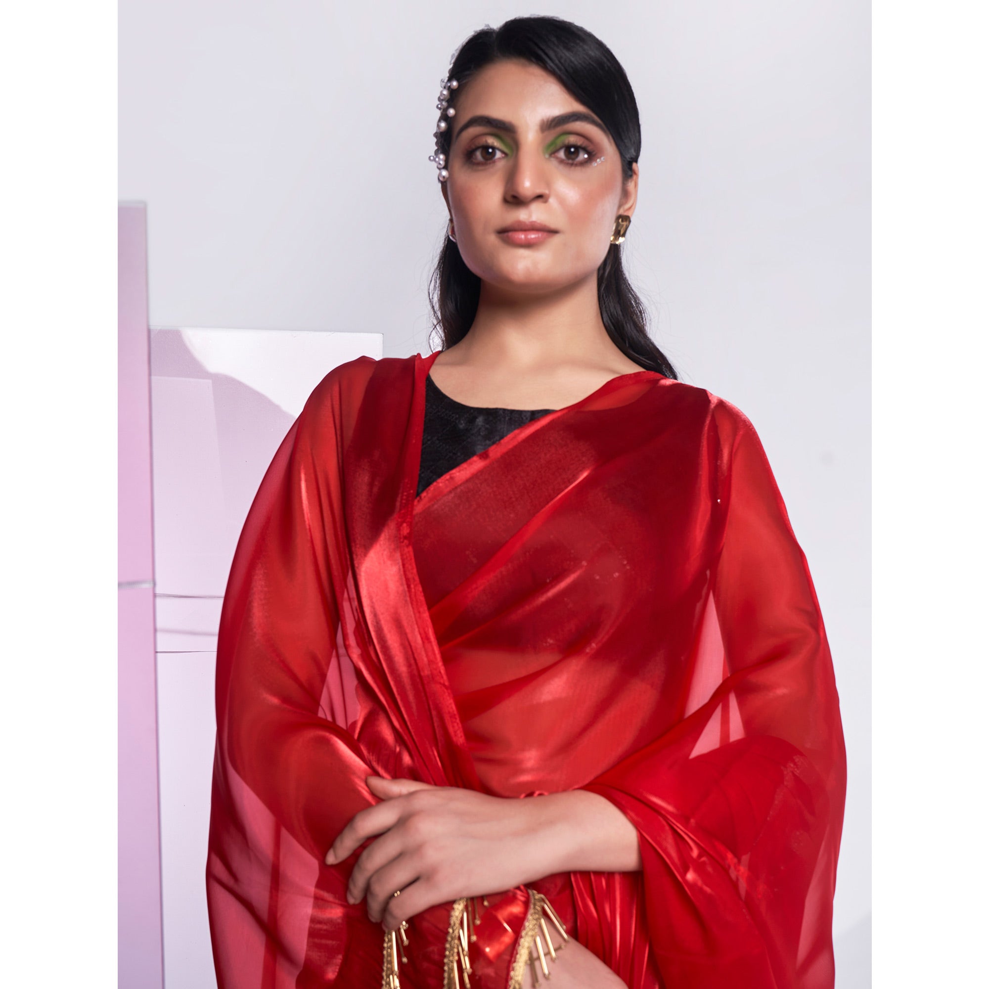 Red Solid Organza Saree With Tassels