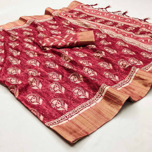 Pink Floral Printed Matka Tussar Saree With Tassels