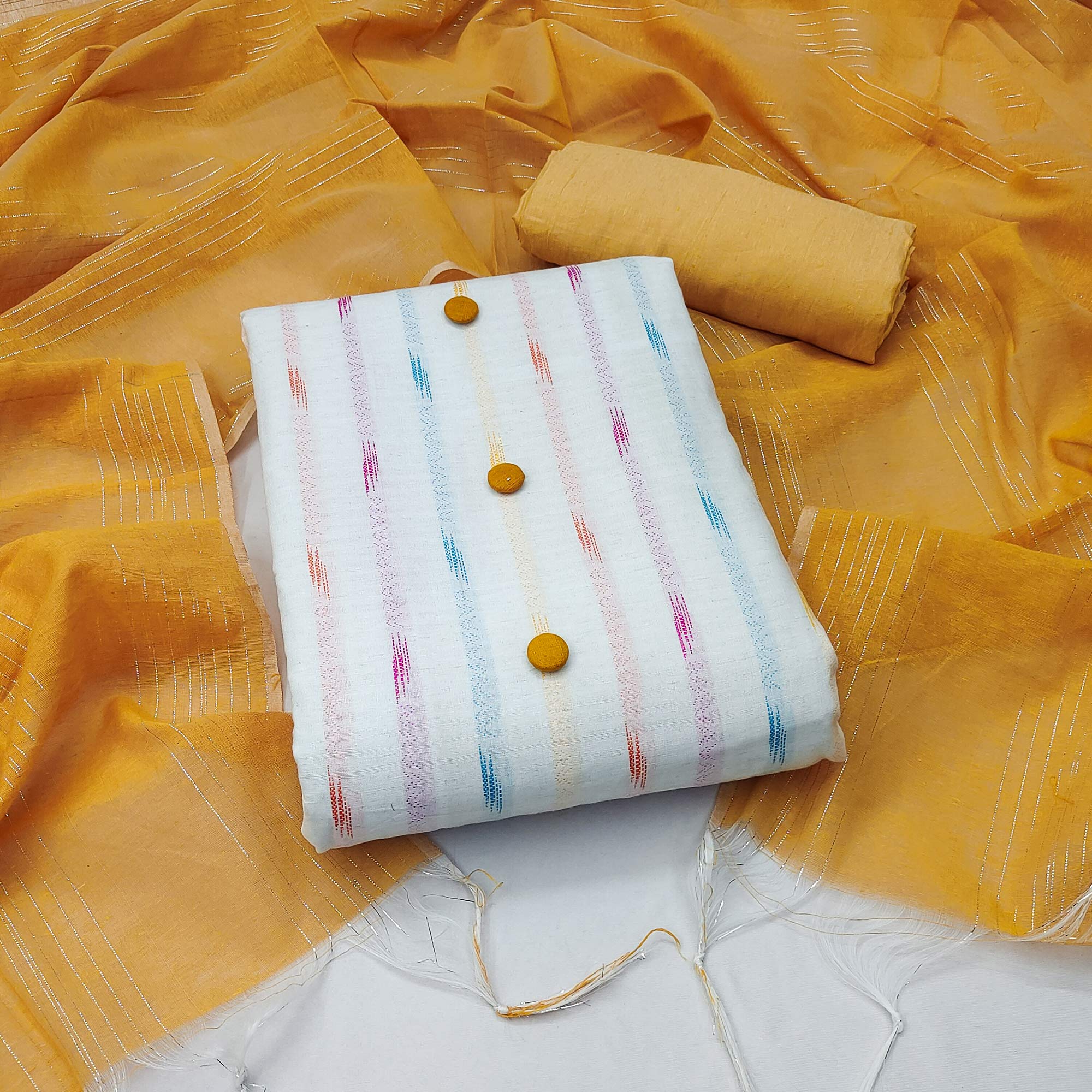 White Mustard Strpied Printed Cotton Dress Material