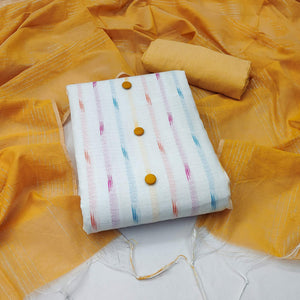 White Mustard Strpied Printed Cotton Dress Material
