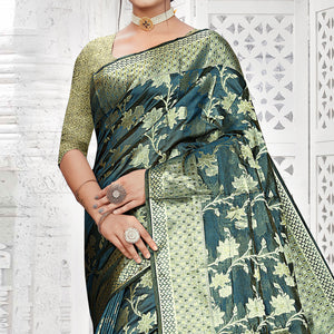 Teal Blue Floral Woven Organza Saree With Tassels
