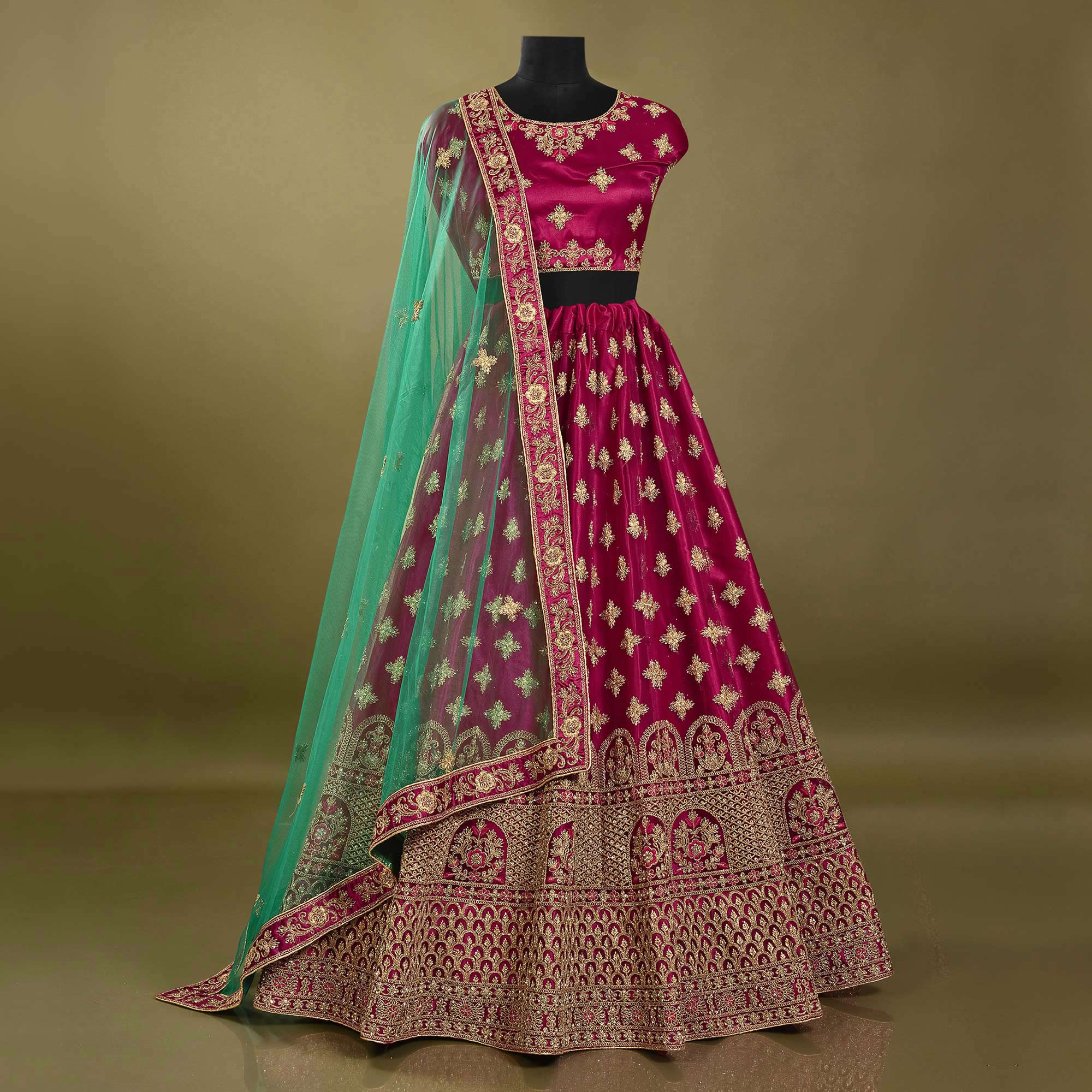 Magenta Pink Floral Embroidered Net Lehenga Choli