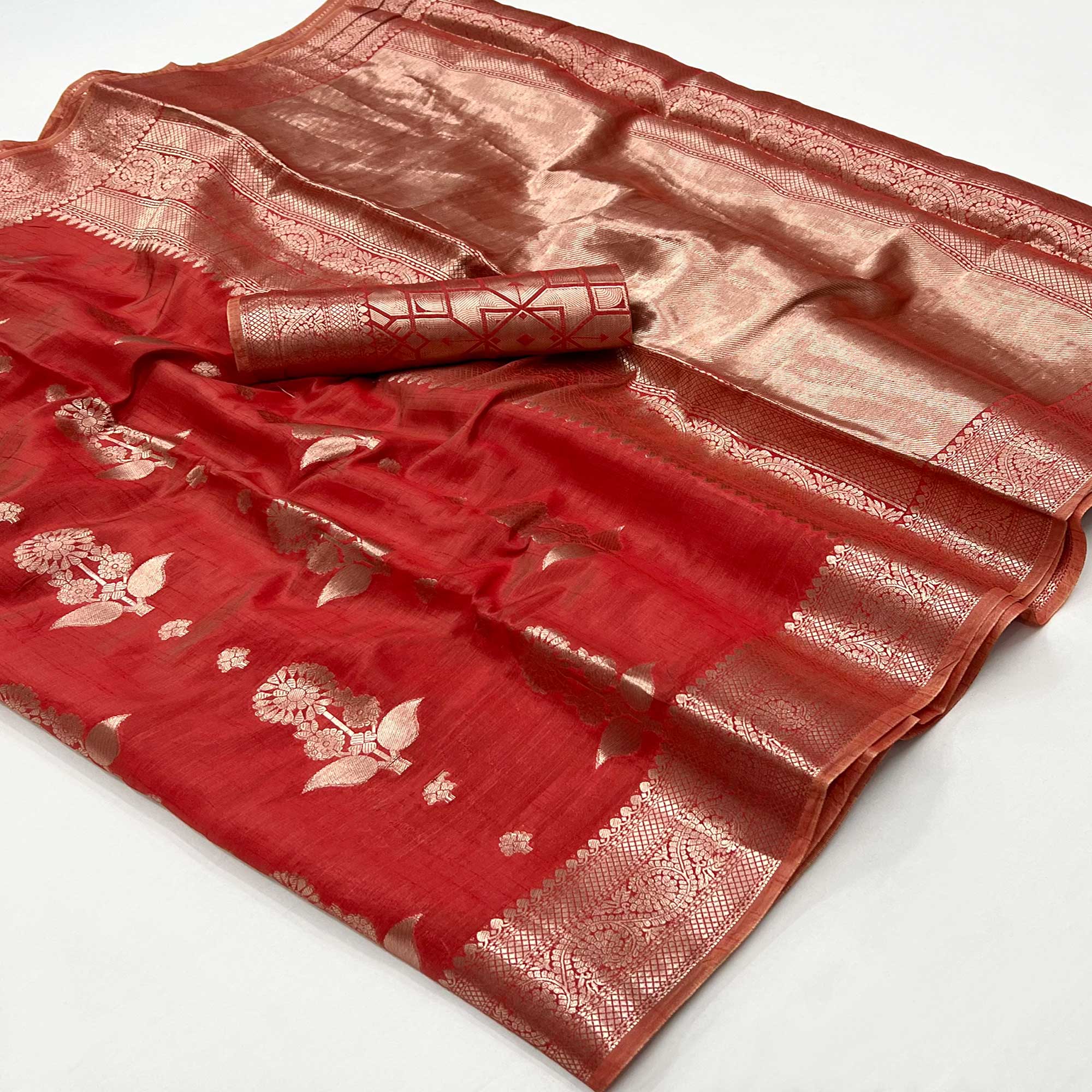 Red Floral Woven Organza Saree