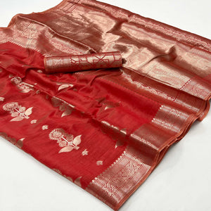 Red Floral Woven Organza Saree