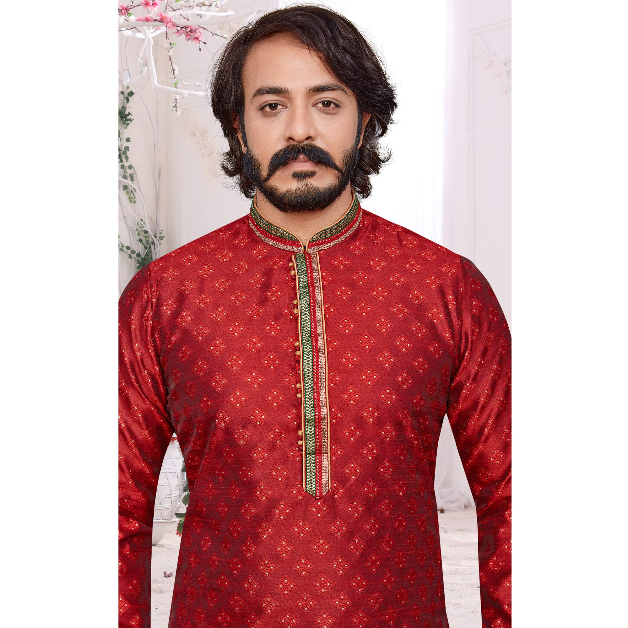 Red Woven Jacquard Kurta Pyjama Set