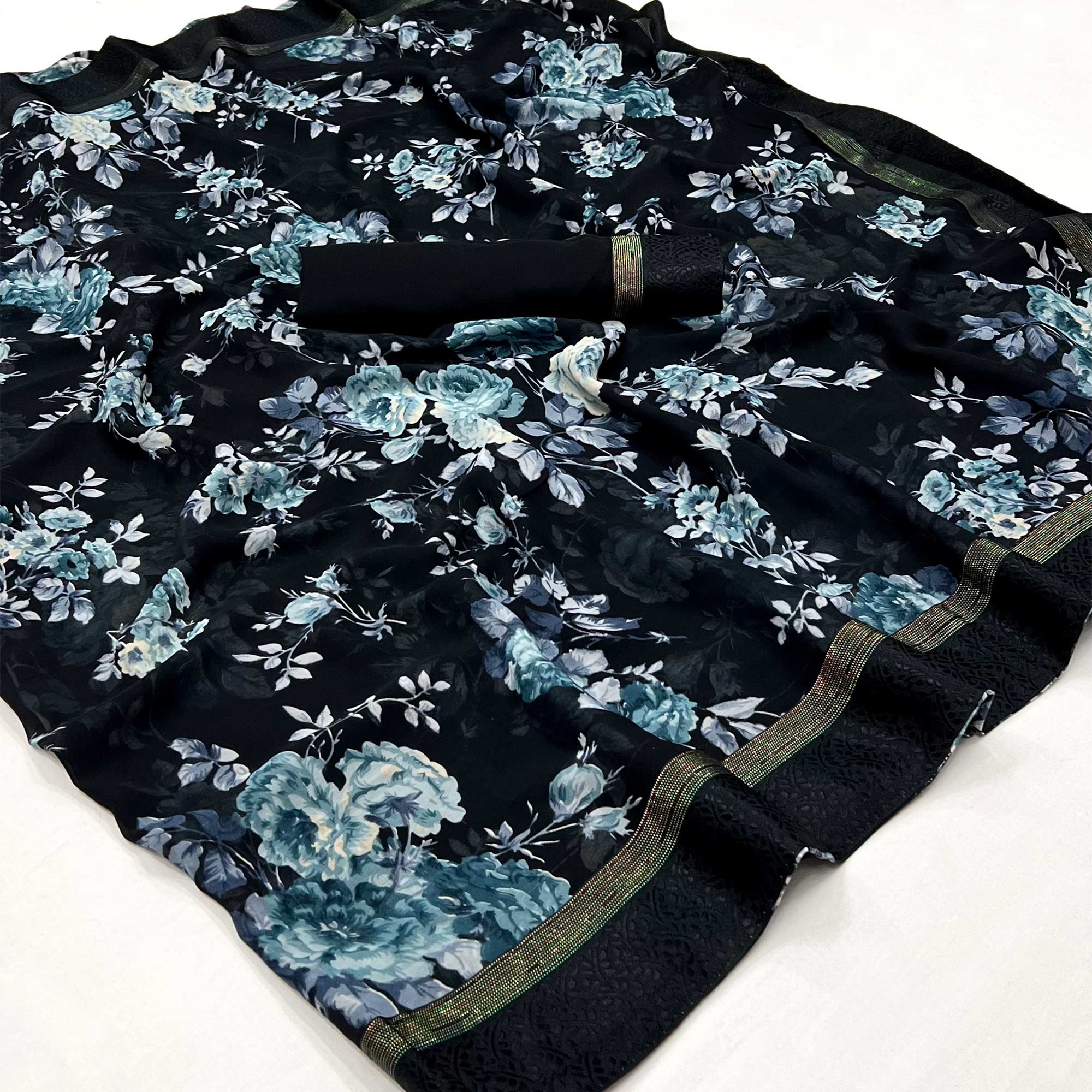Black Floral Printed Georgette Saree