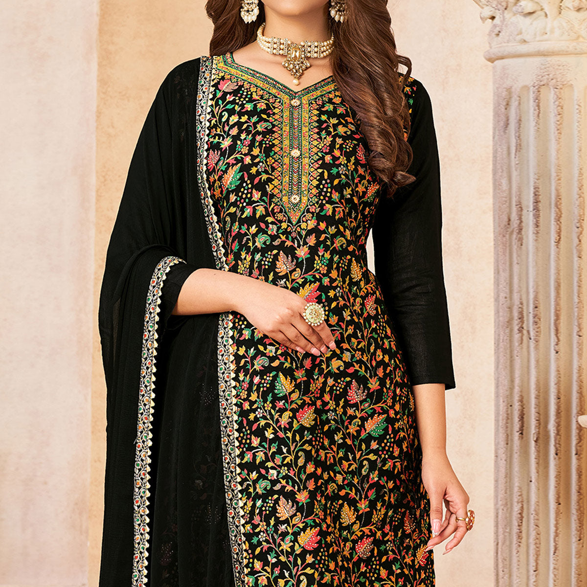 Black Woven Dola Silk Suit