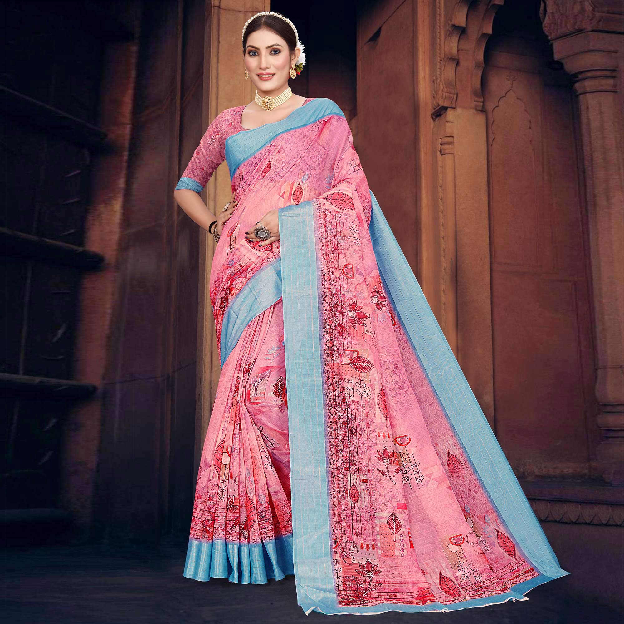 Pink Digital Printed Cotton Blend Saree
