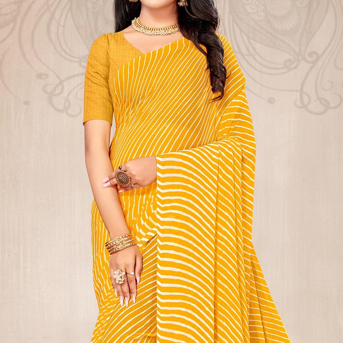 Yellow Striped Printed Chiffon Saree